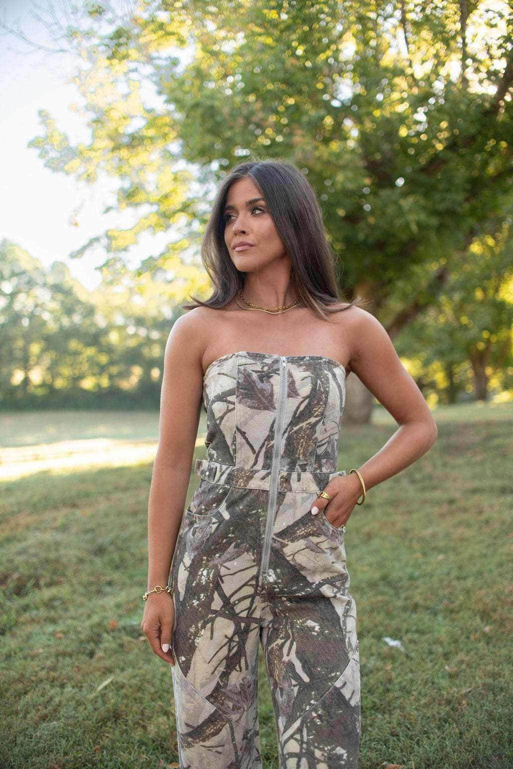 Camo Printed Denim Jumpsuit