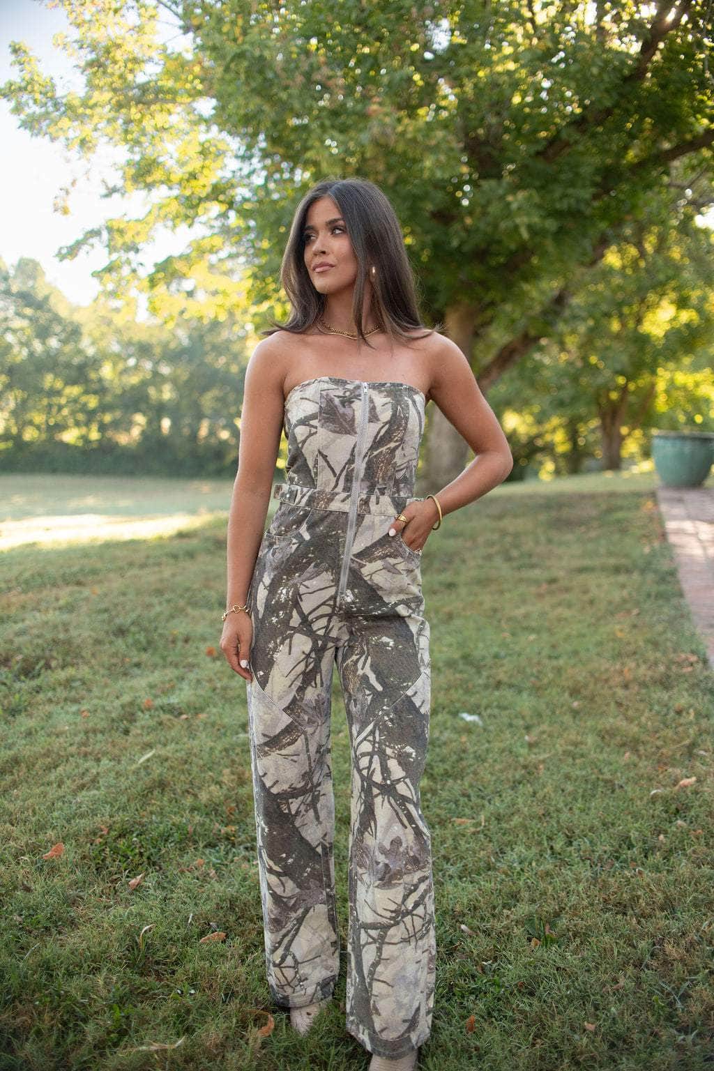 Camo Printed Denim Jumpsuit