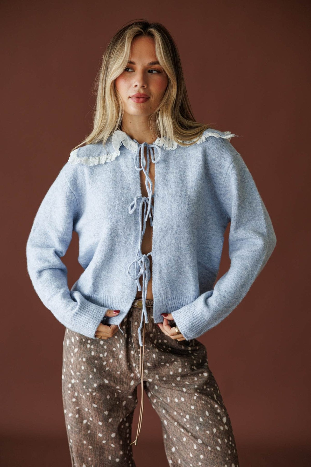 Sweet Collar Knit Cardigan in blue, full-length view with deer print wide leg pants