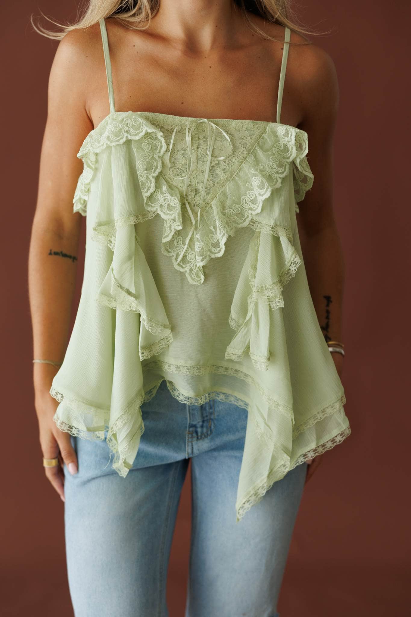 Light Sage Ruffle Lace Tank