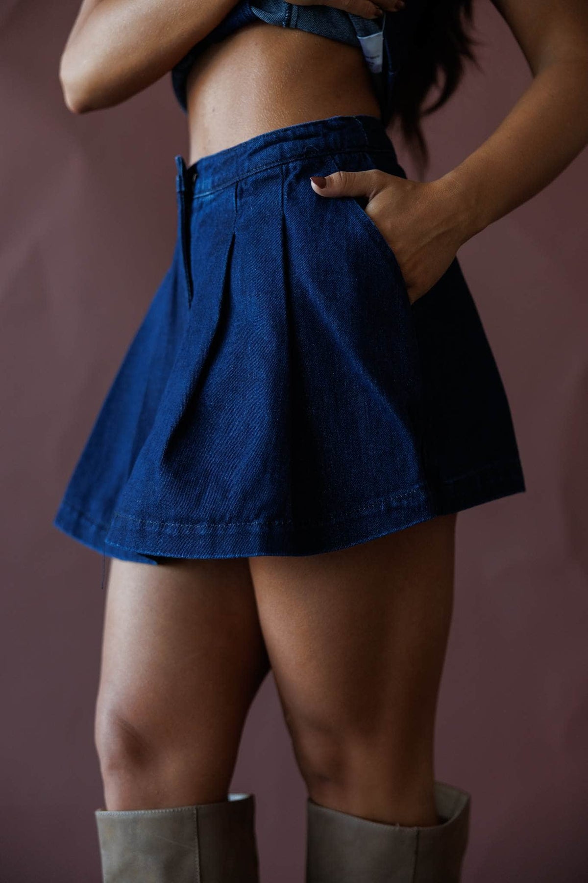 Dark denim pleated skort
