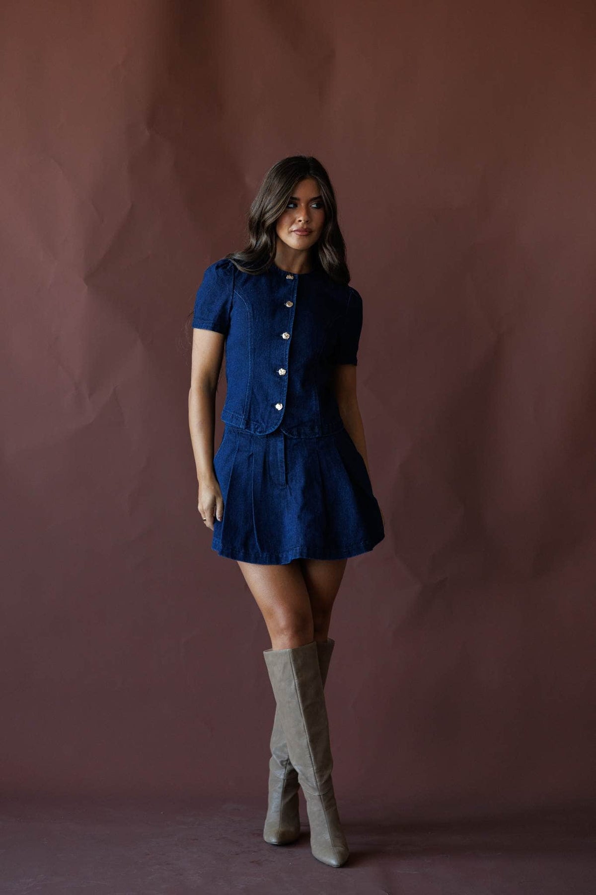 Dark denim pleated skort