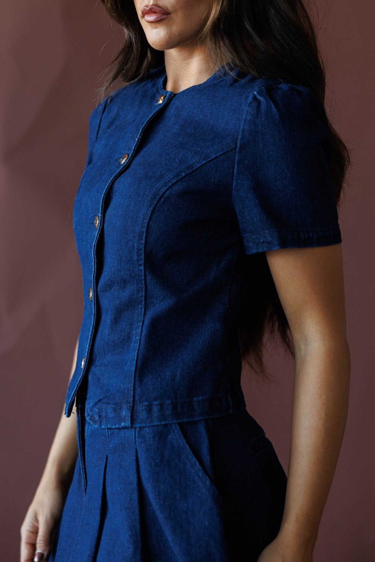 Dark denim button front top
