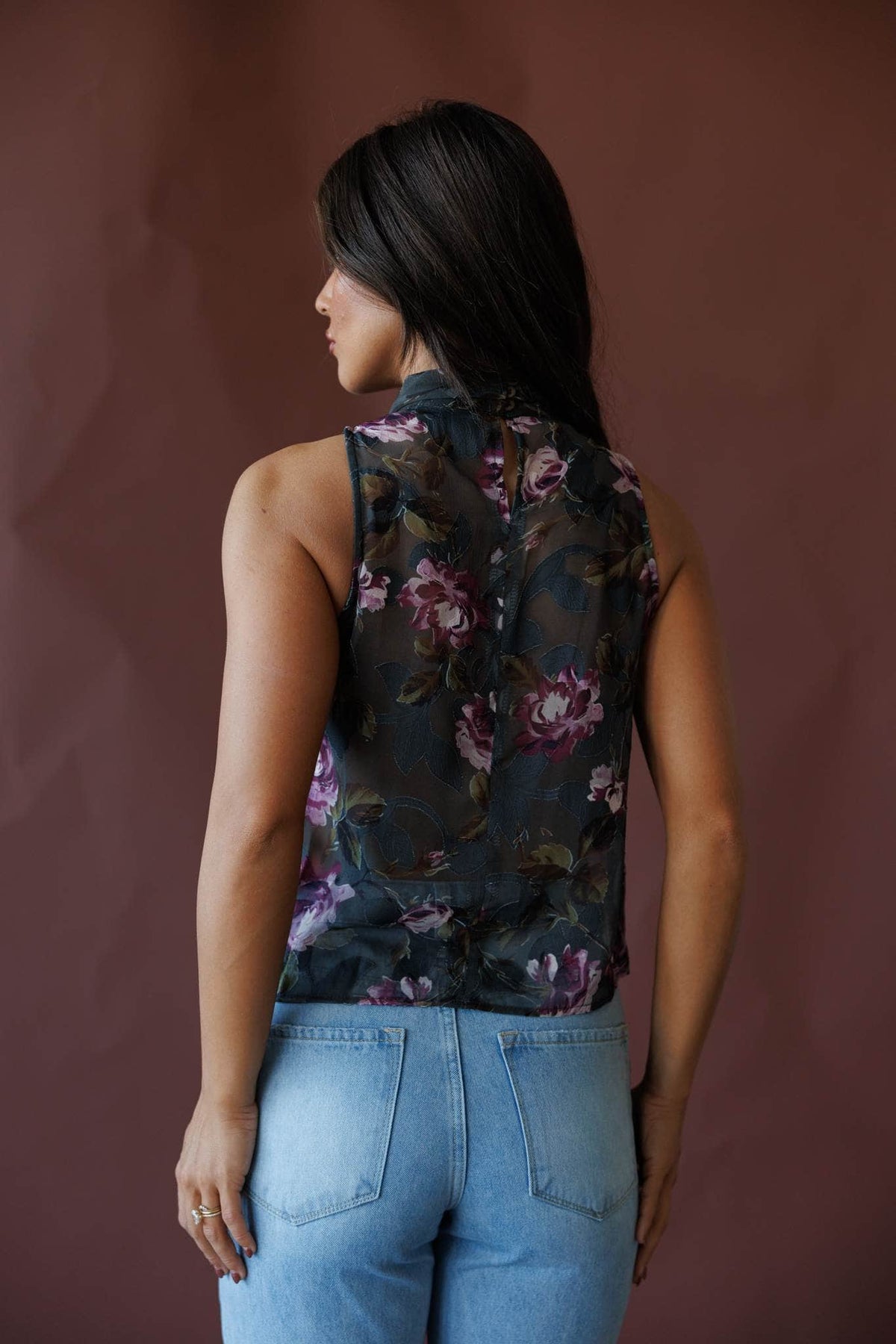 Dark floral fringe halter top