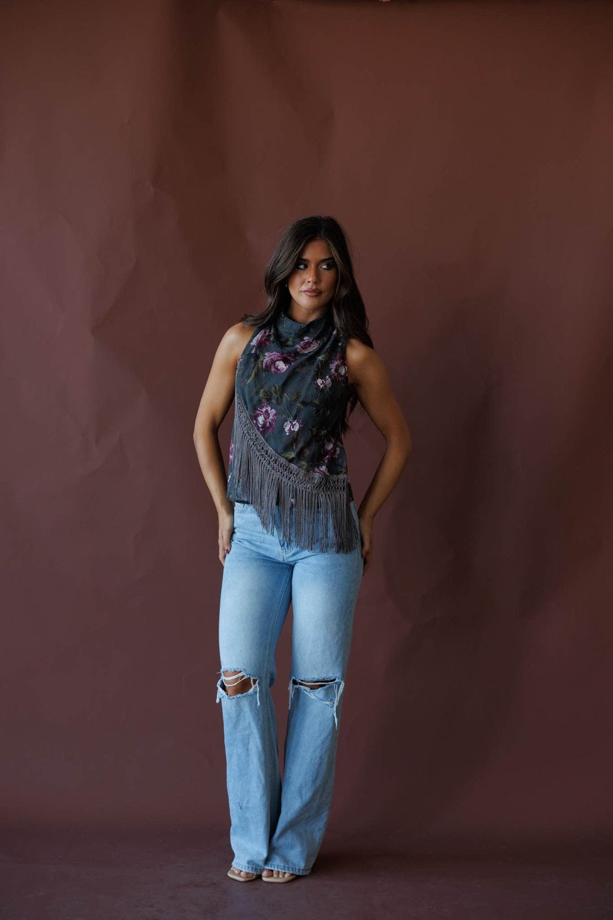 Dark floral fringe halter top