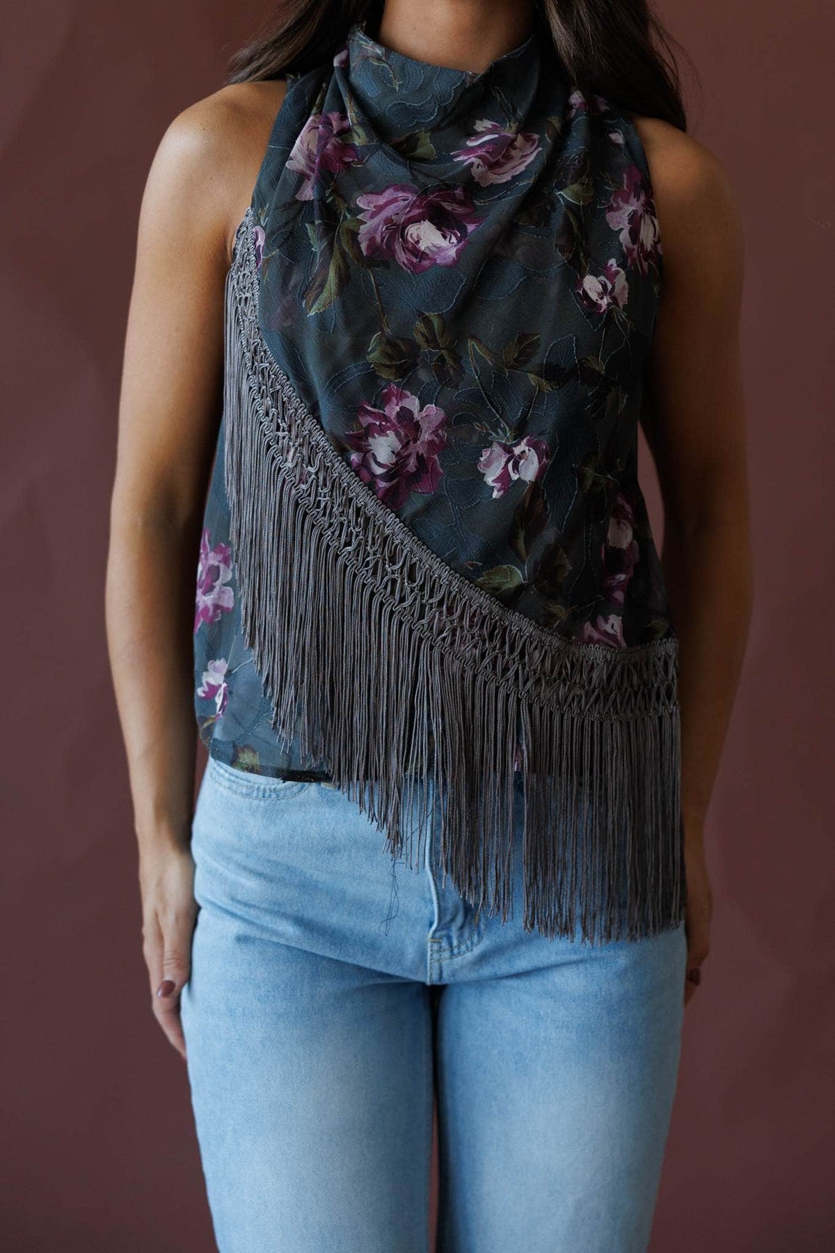 Dark floral fringe halter top