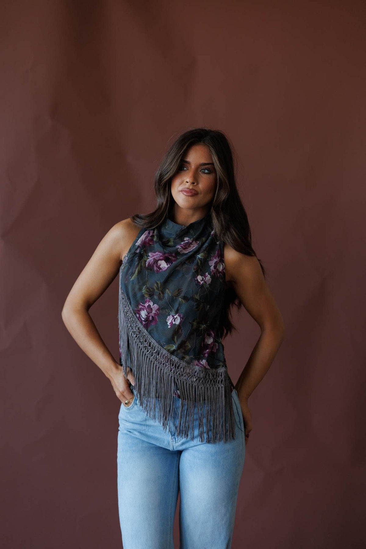 Dark floral fringe halter top, front view