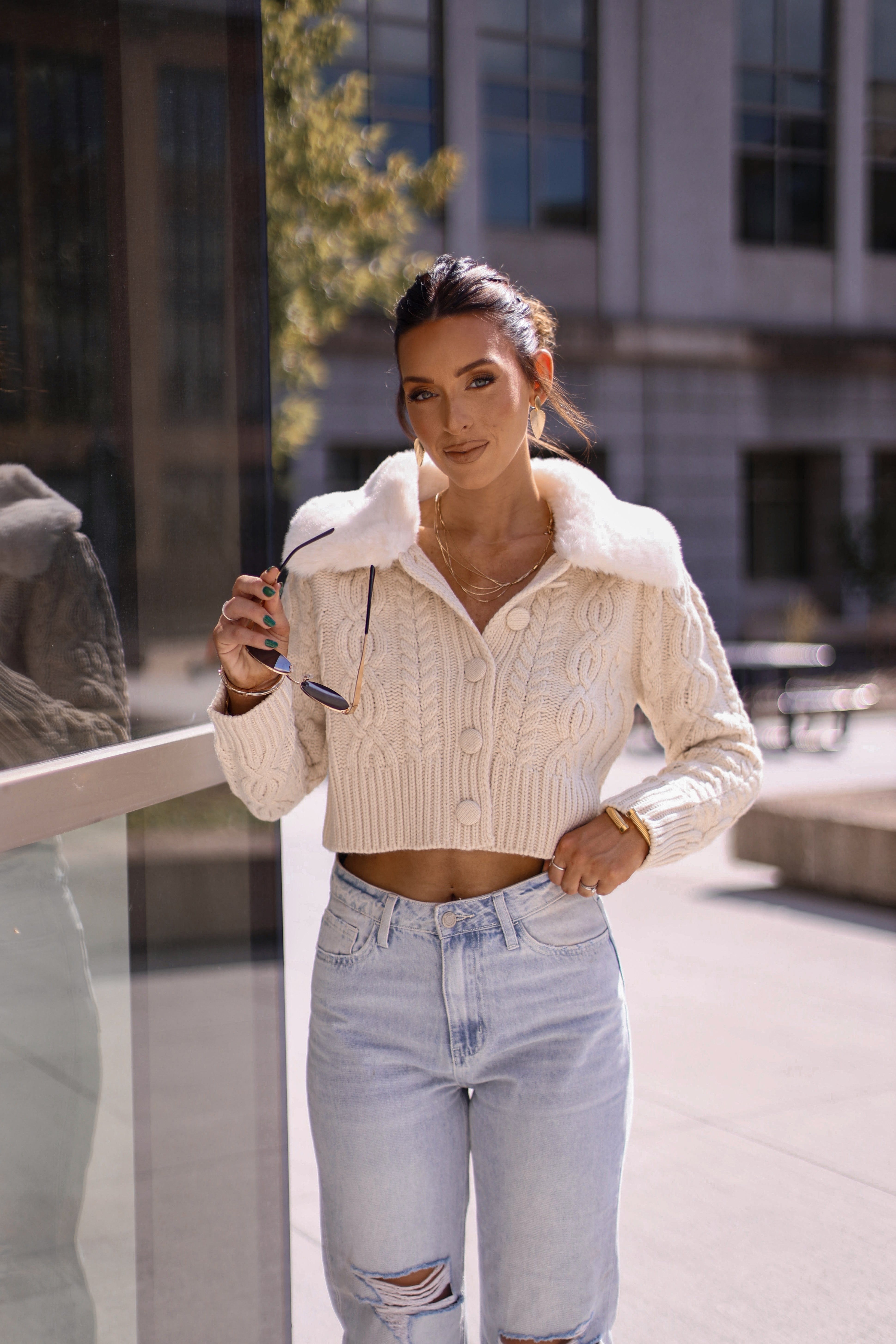 s1696t cropped cardigan w/ faux fur collar Sofie The Label