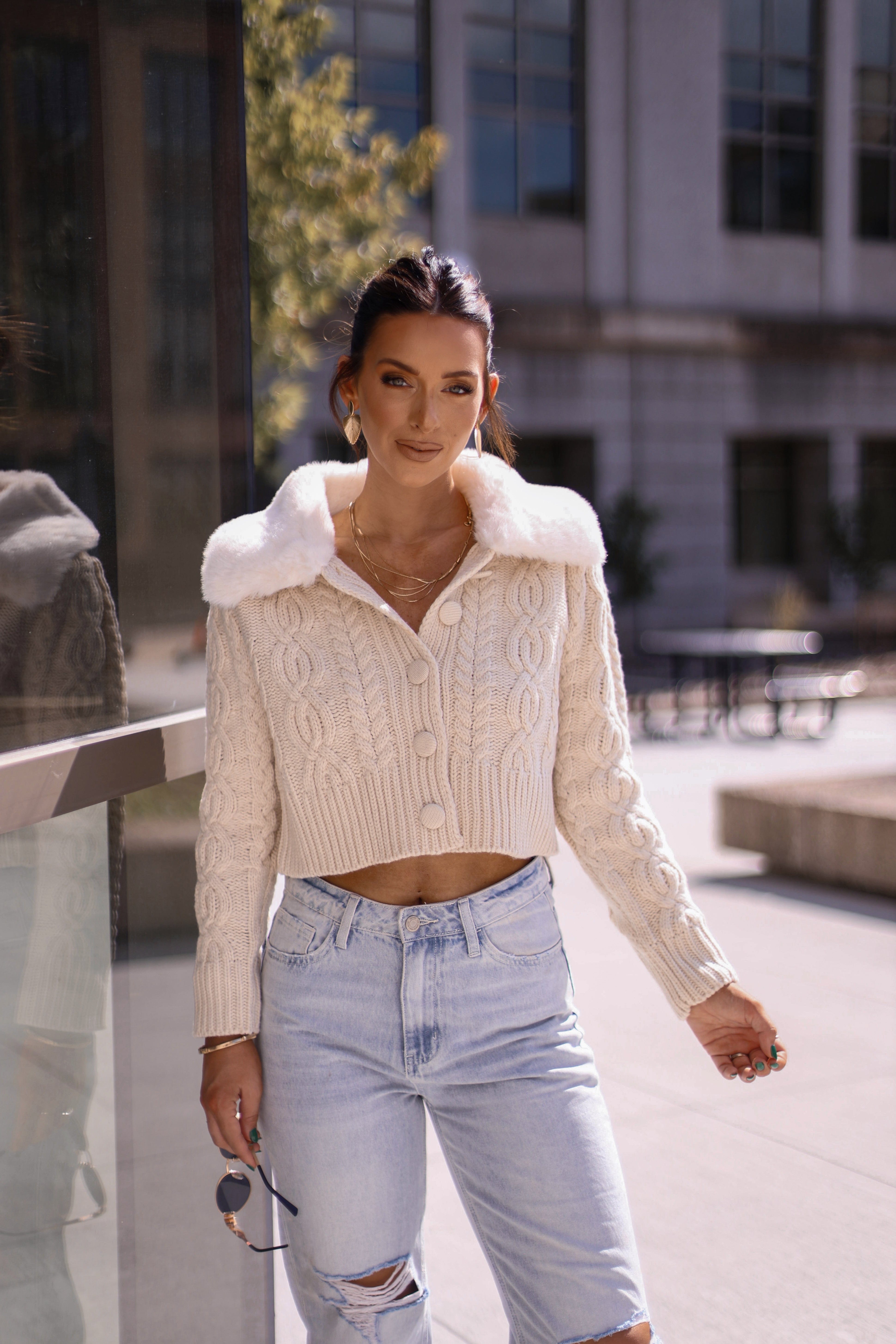 s1696t cropped cardigan w/ faux fur collar Sofie The Label