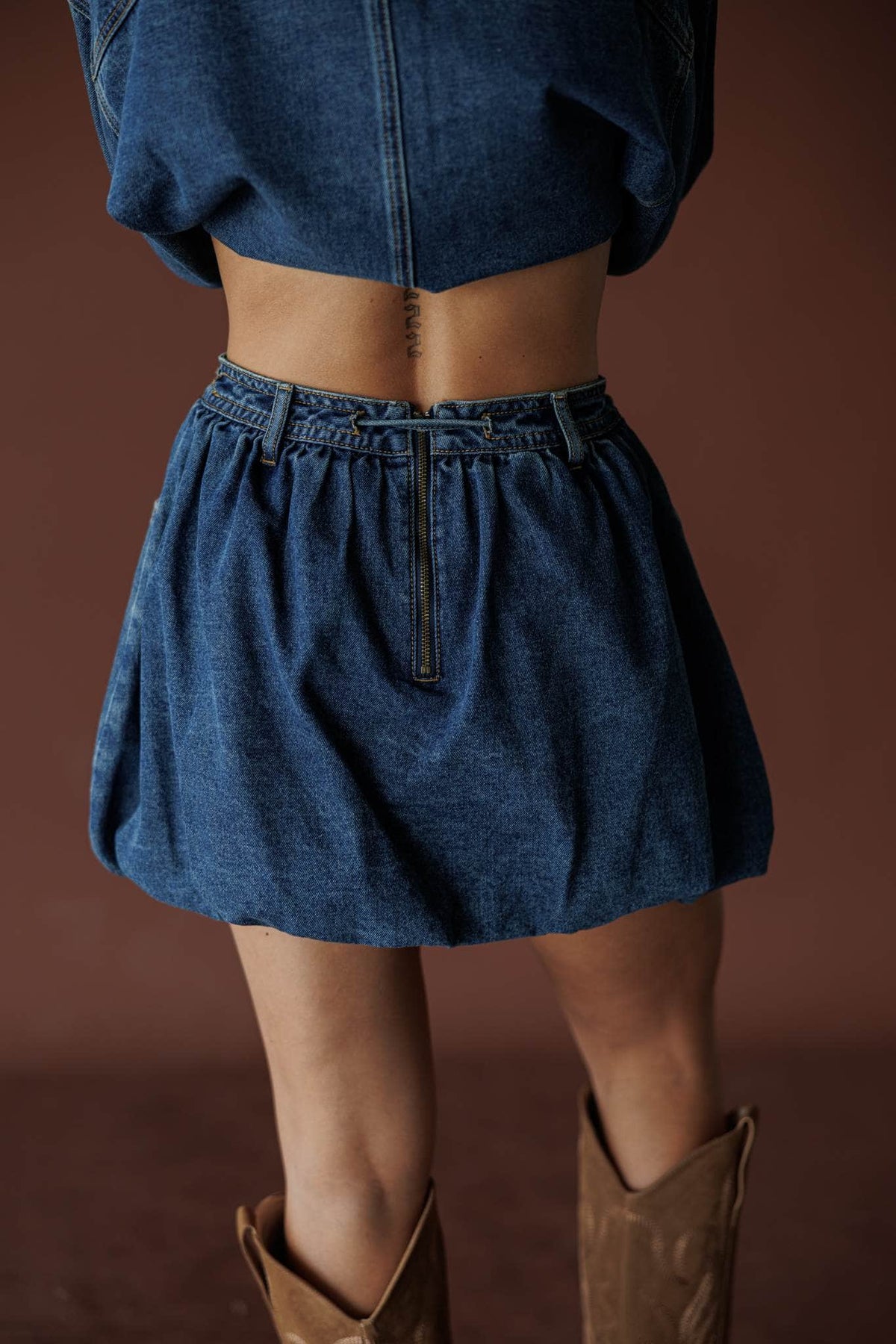 Denim bubble hem skort, front view