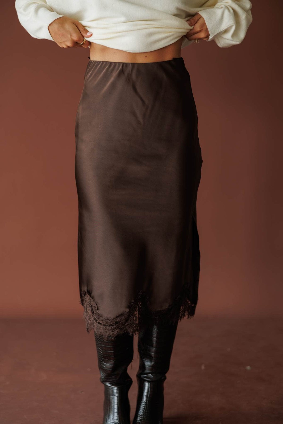 Satin Secrets Lace Midi Skirt, in dark chocolate, close front view of the satin midi skirt