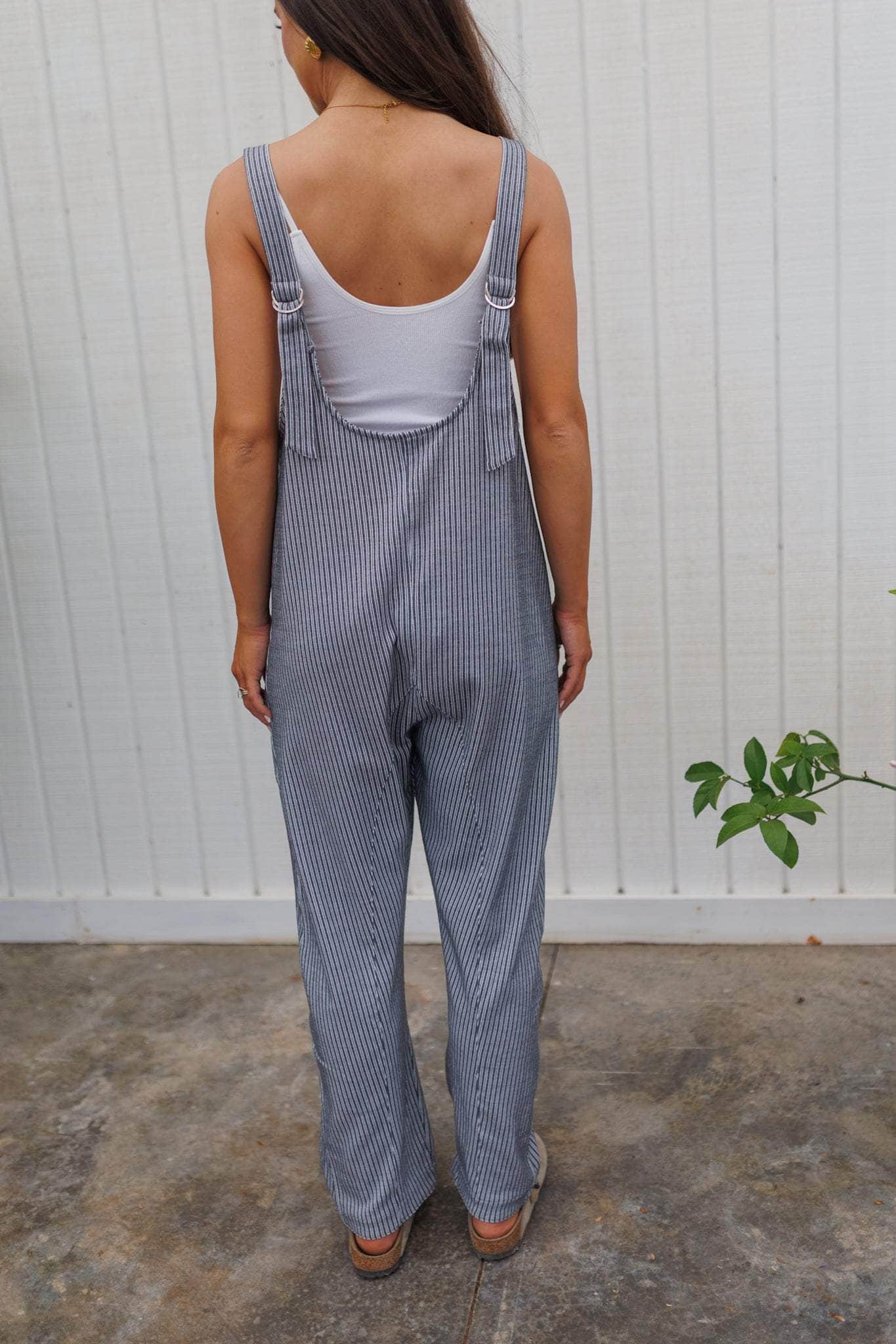 Scoop Neck Striped Overalls
