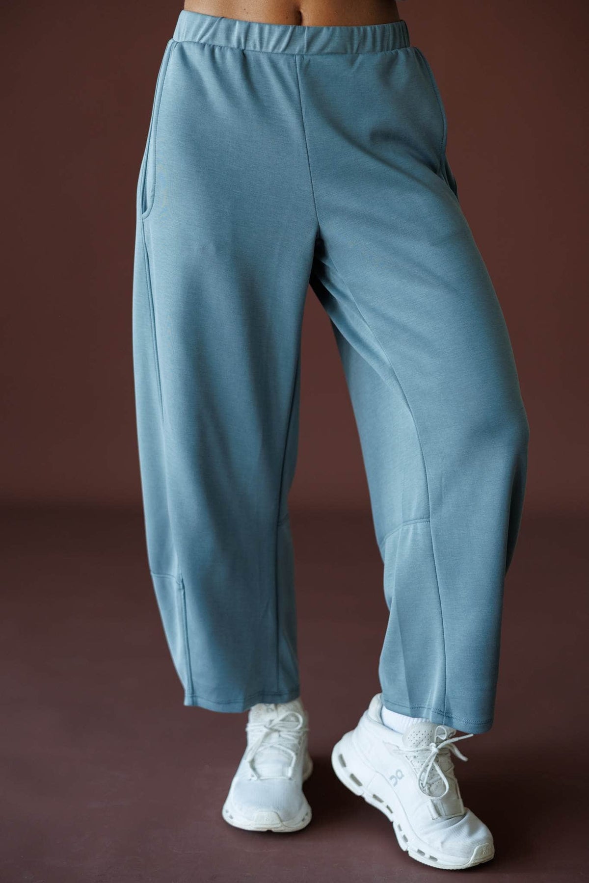 Scuba Barrel Sweatpants in charcoal, front close-up of the elastic waist and barrel leg