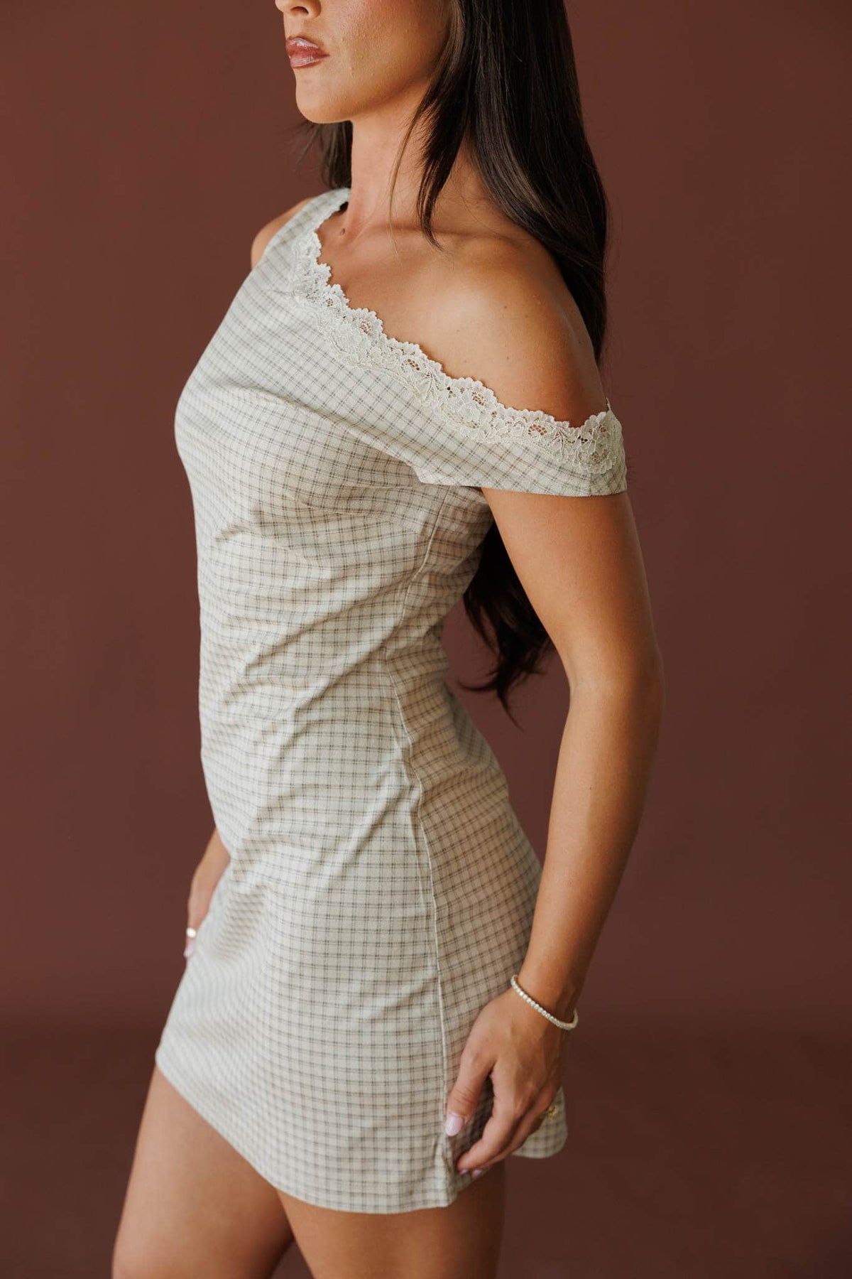 Cream check one shoulder mini dress