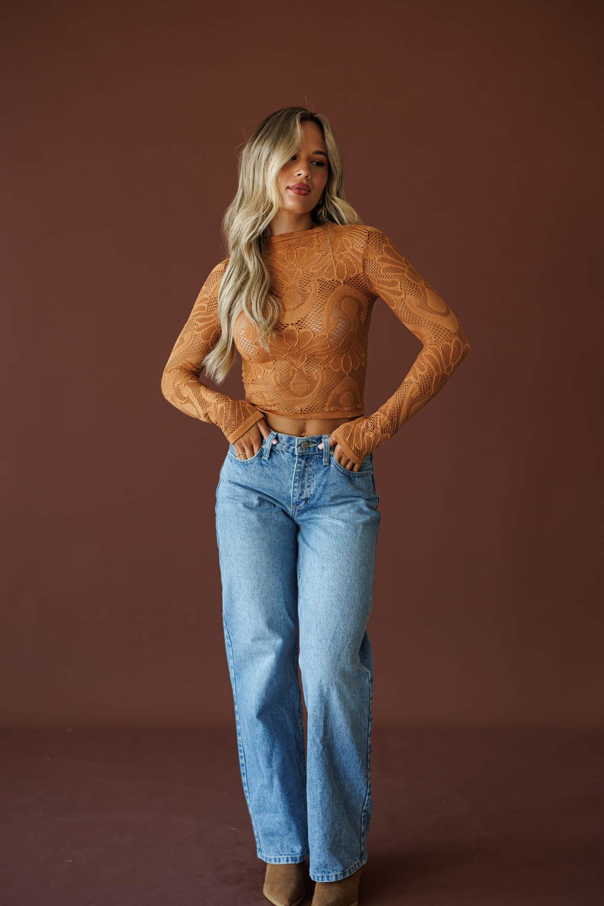 Cropped Seamless Lace Top | Stretchy Sheer Long Sleeve | Lane 201