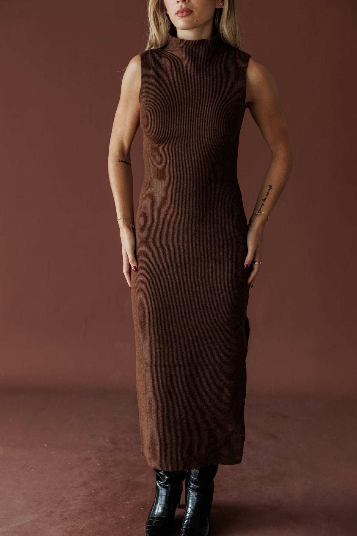 Serving Looks Sweater Dress, in chocolate, close front view of the bodice and waist