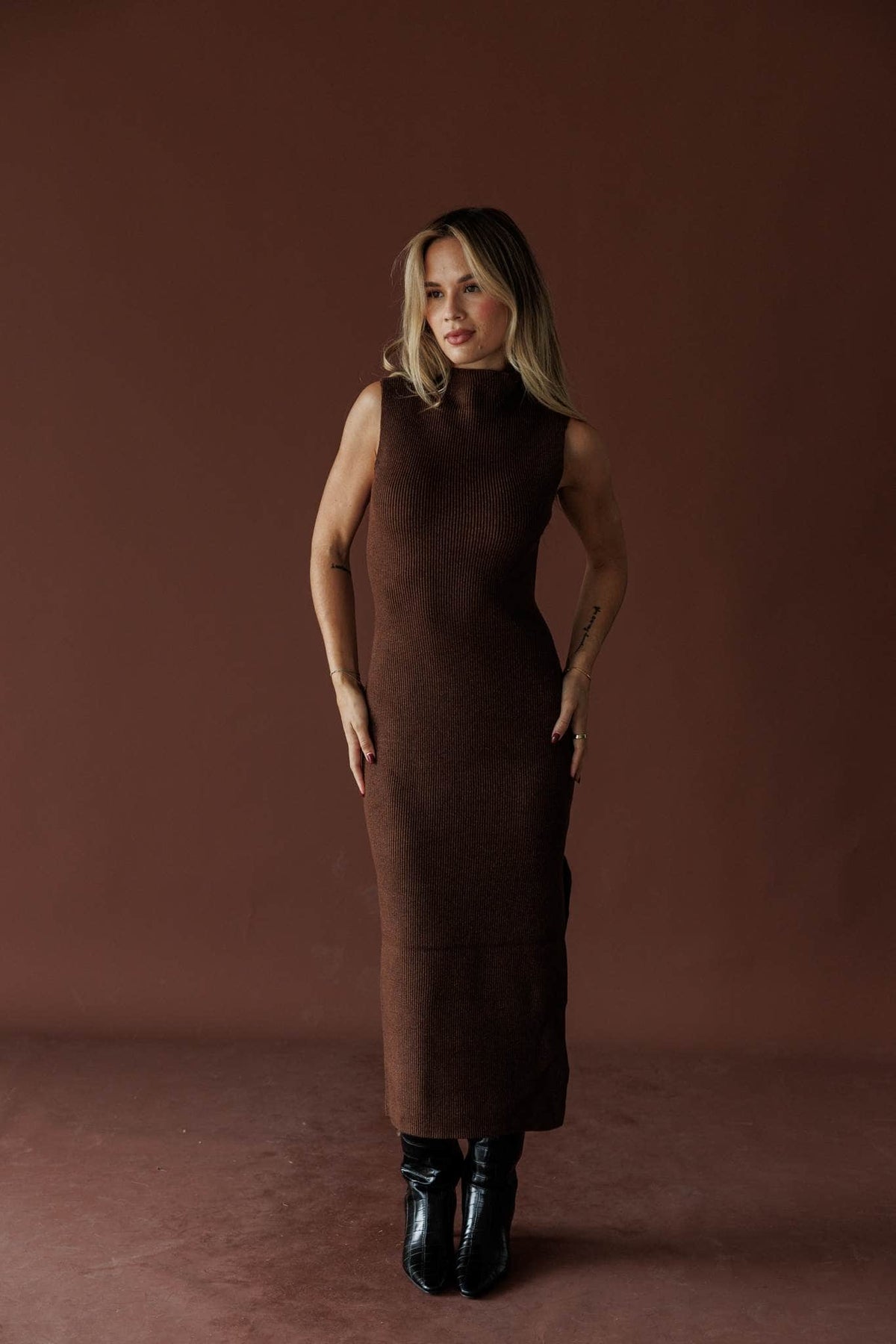 Serving Looks Sweater Dress, in chocolate, full-length front view of the sweater maxi dress