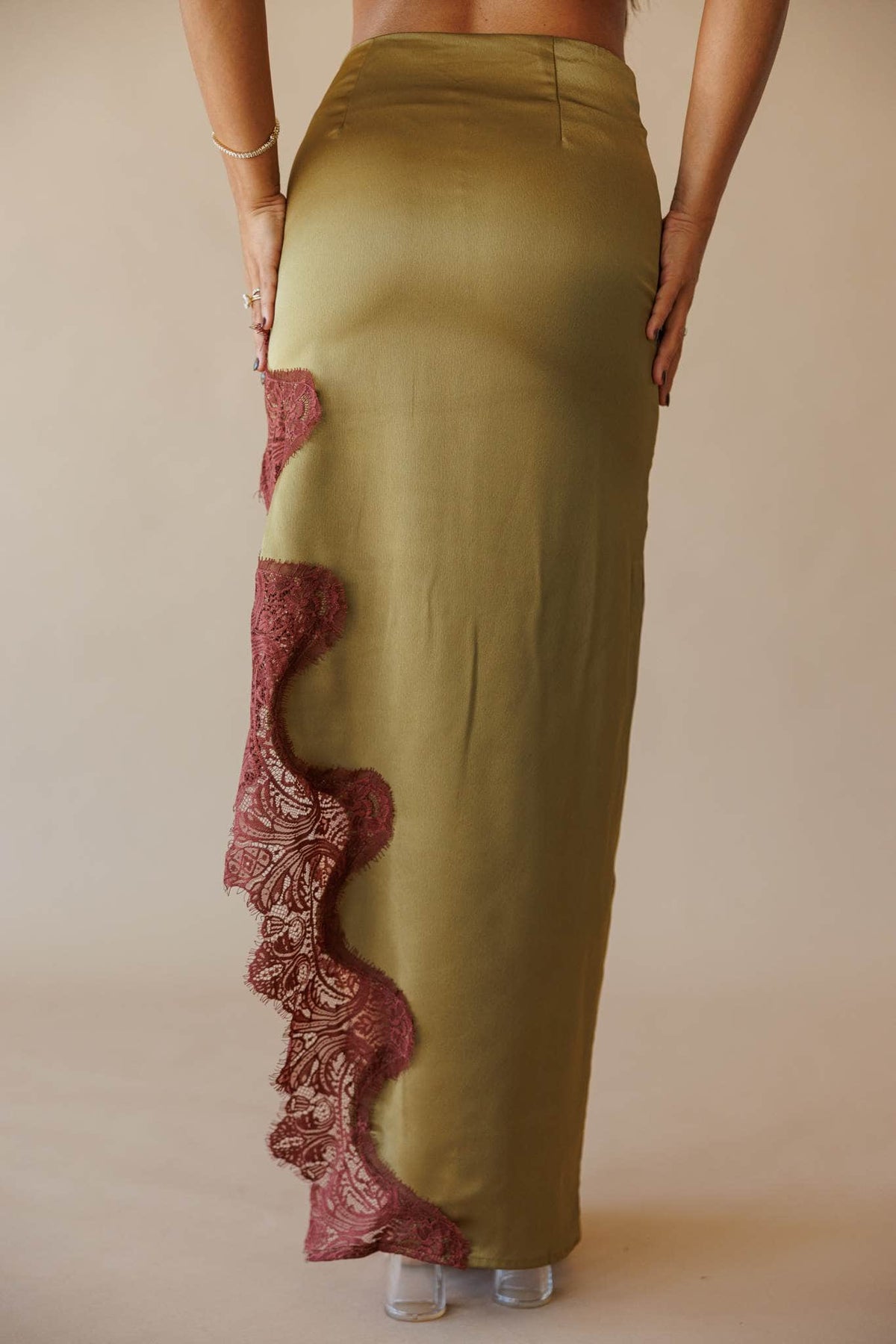 Olive satin maxi skirt with lace trim