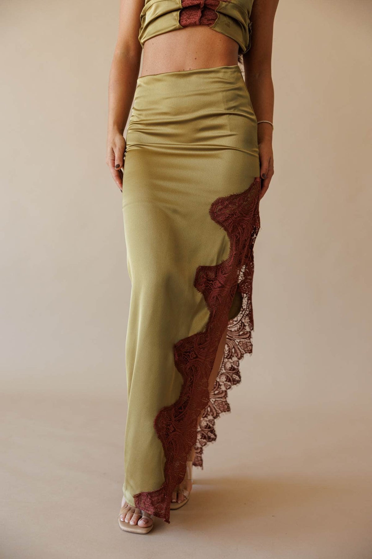 Olive satin maxi skirt with lace trim, front view