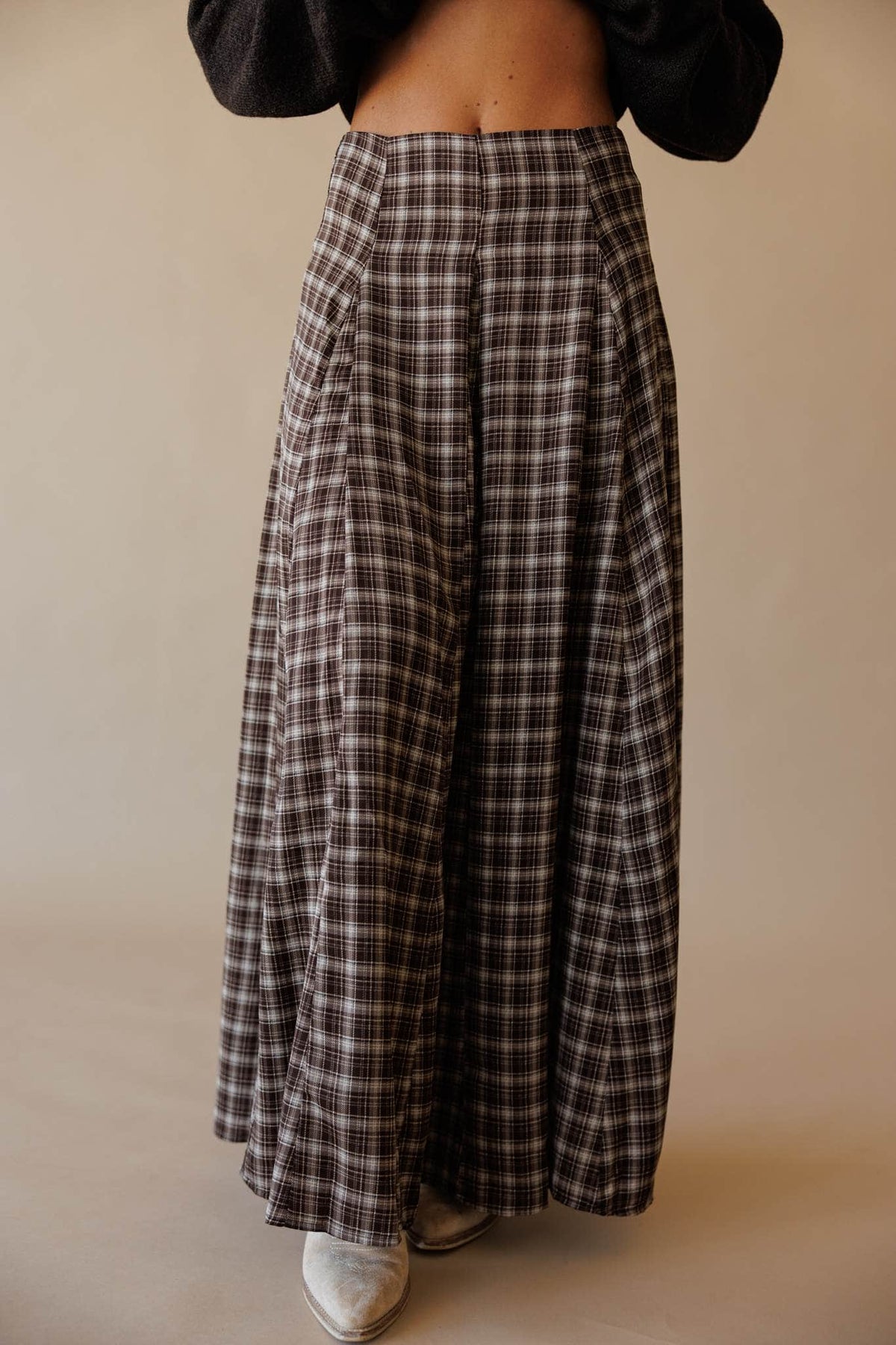 Brown plaid maxi skirt, front view