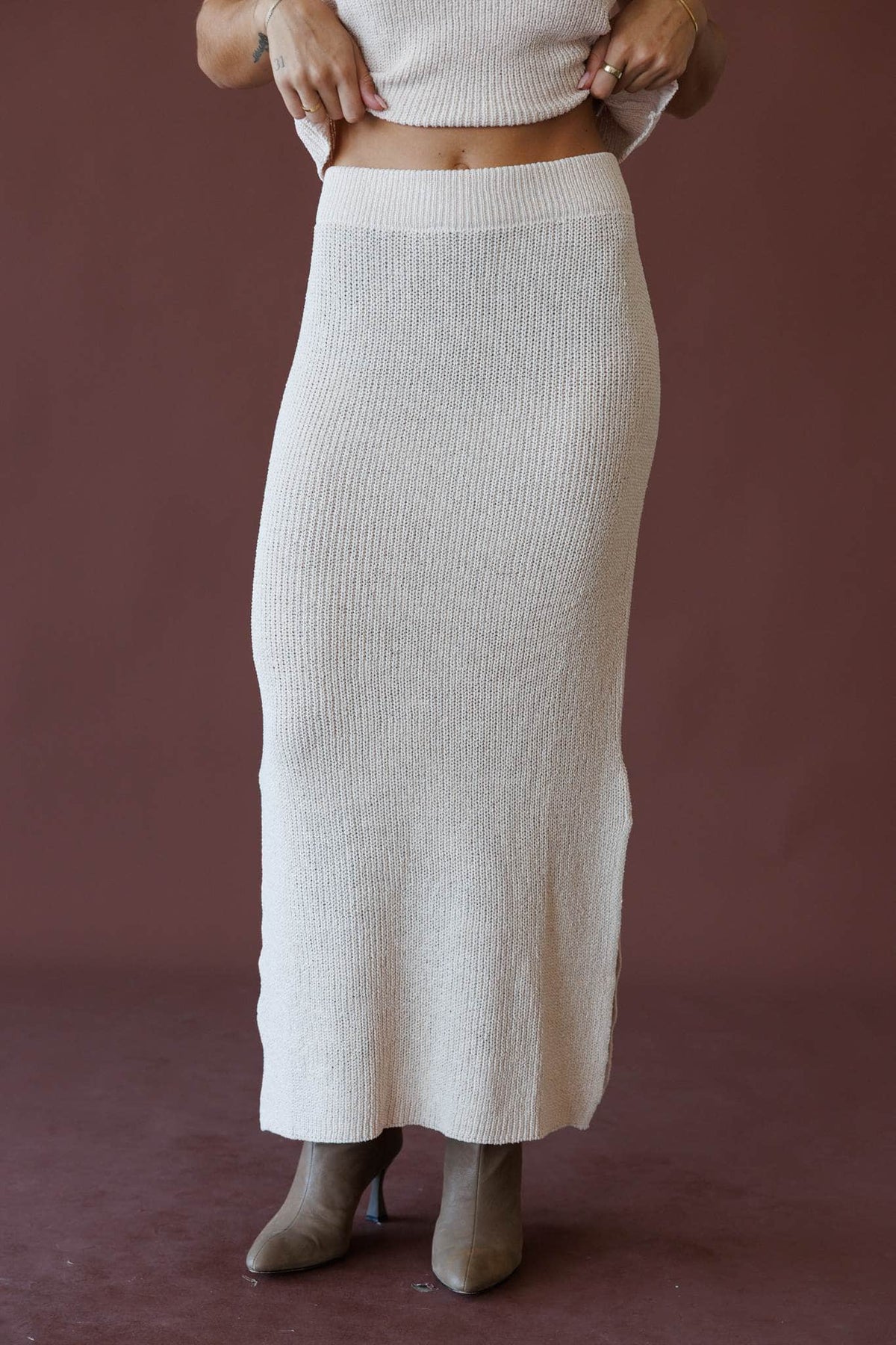 Tan knit skirt, front view