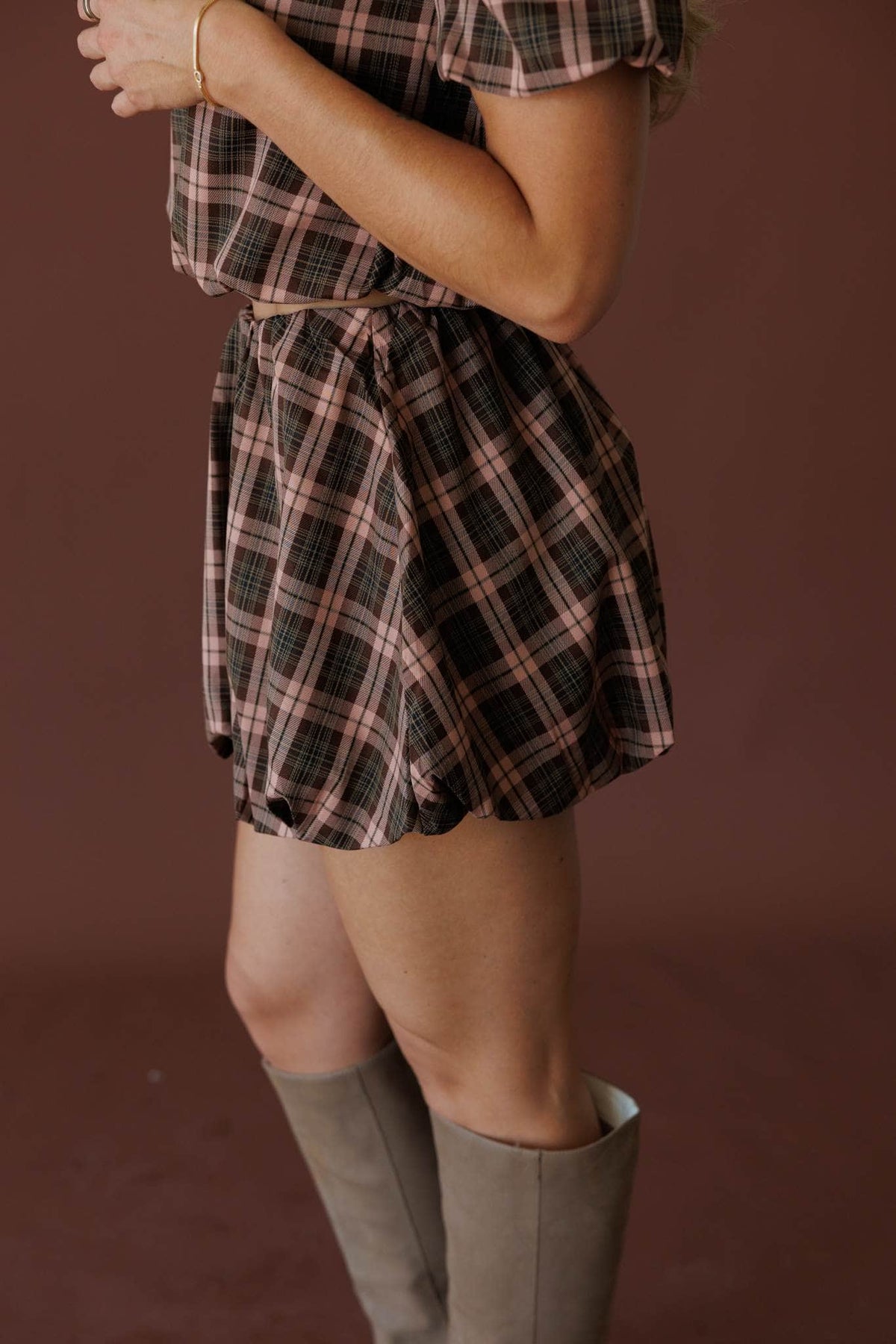 Brown plaid bubble hem mini skirt