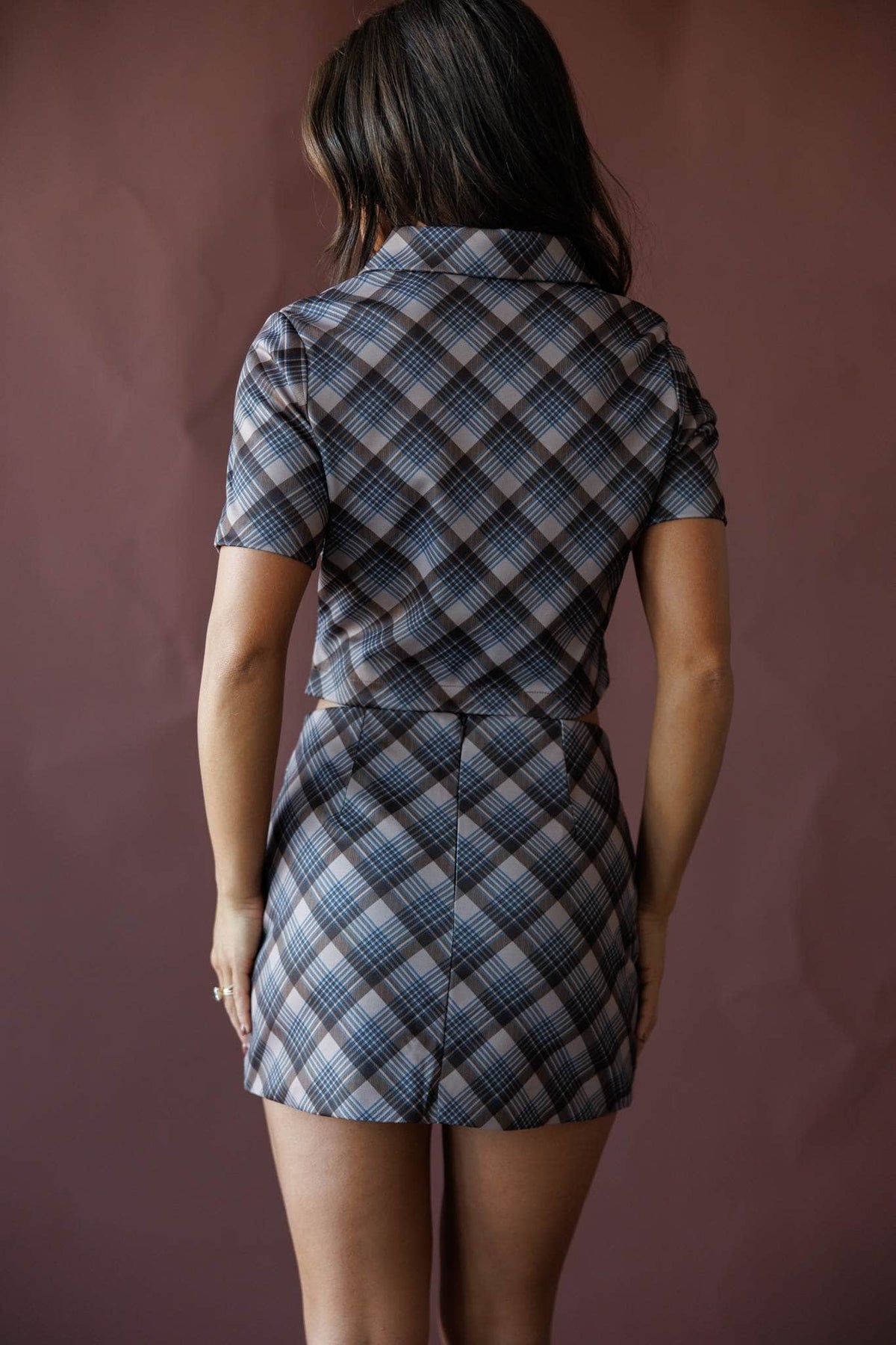 Grey and blue plaid mini skirt