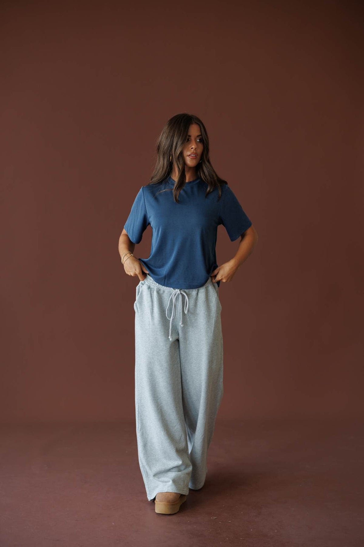 Sideline Wide Leg Pants in heather grey, full-length view with a navy tee