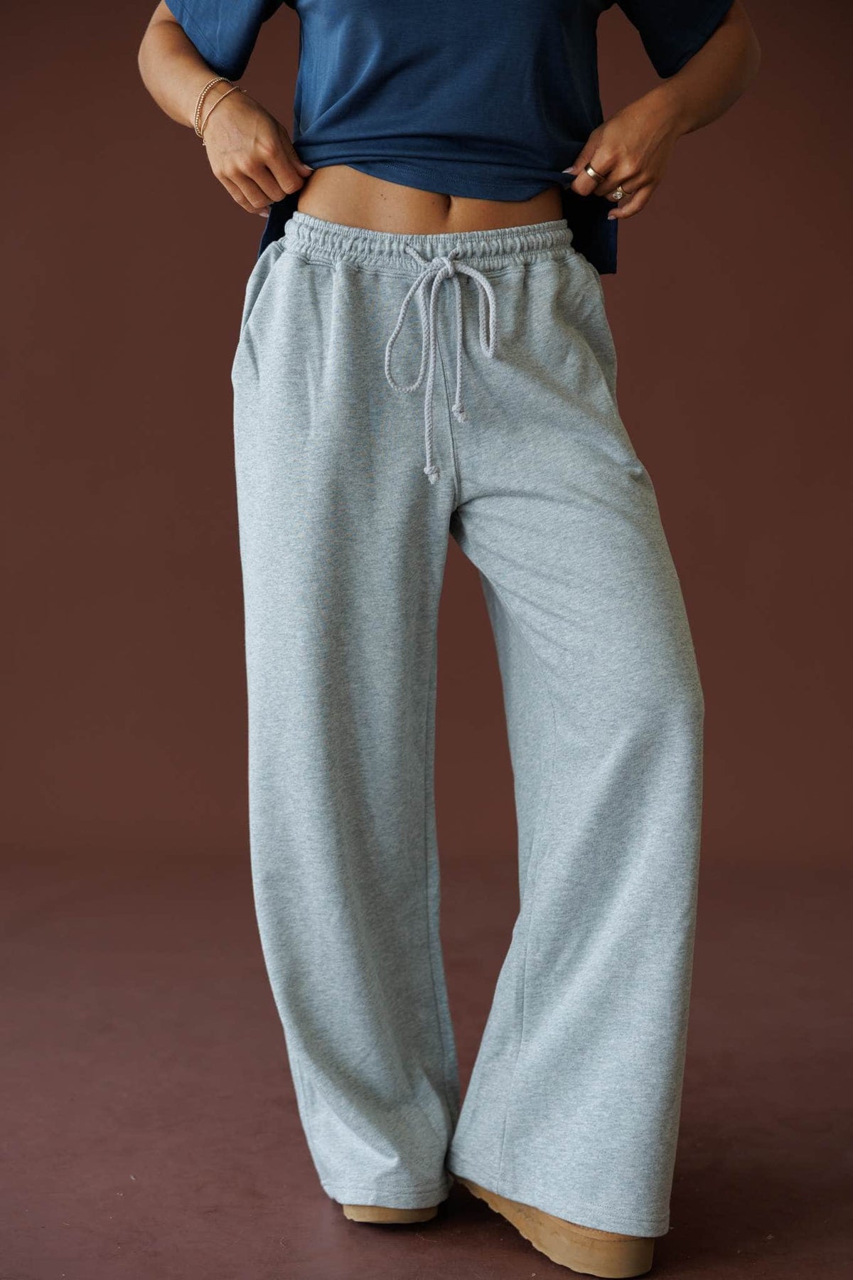 Sideline Wide Leg Pants in heather grey, front close-up of the drawstring waist