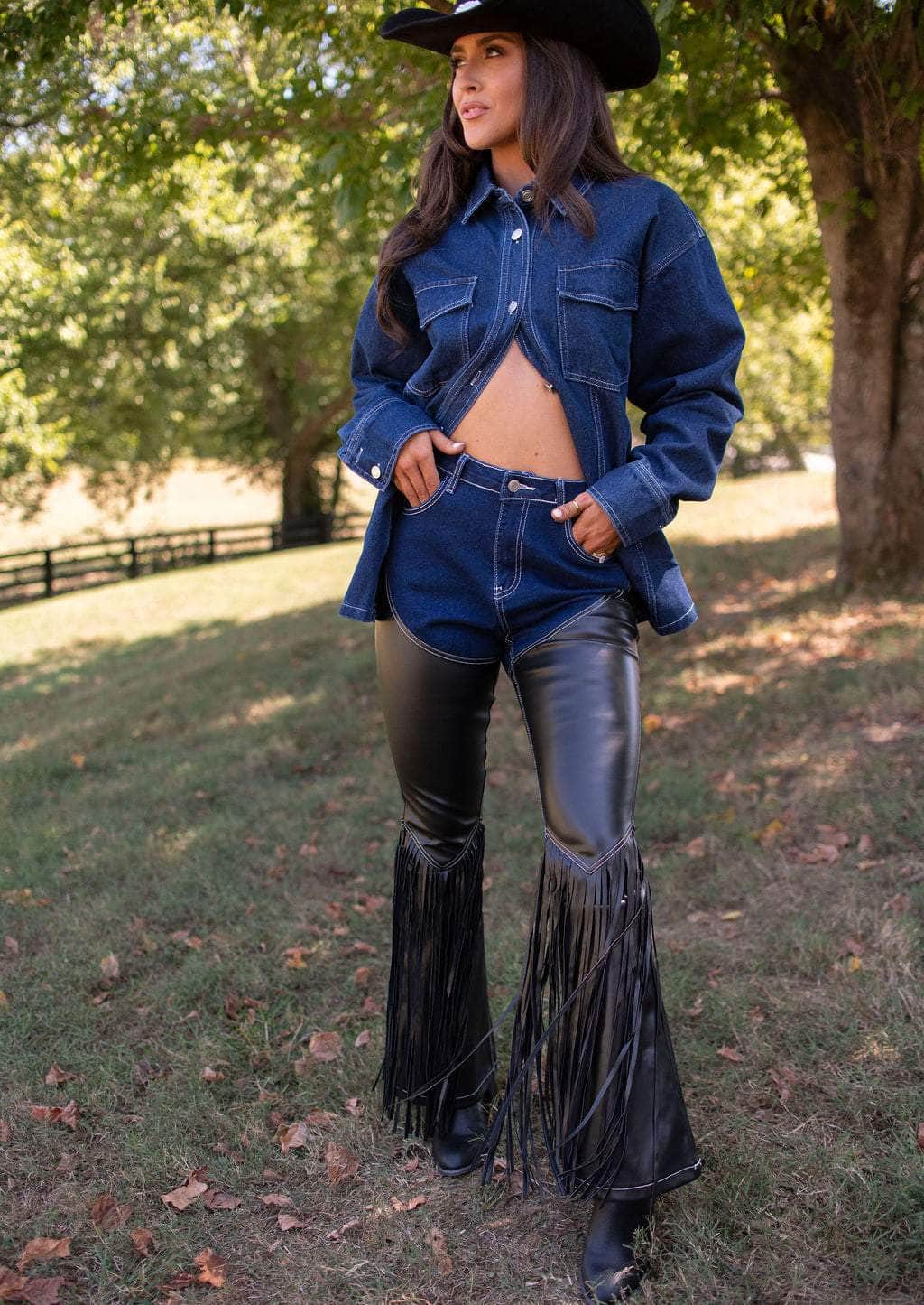 Trendy, Chic Women's Clothing Boutique Cowgirl Club Fringed Chaps Pants for Women, Black Size S Lane 201