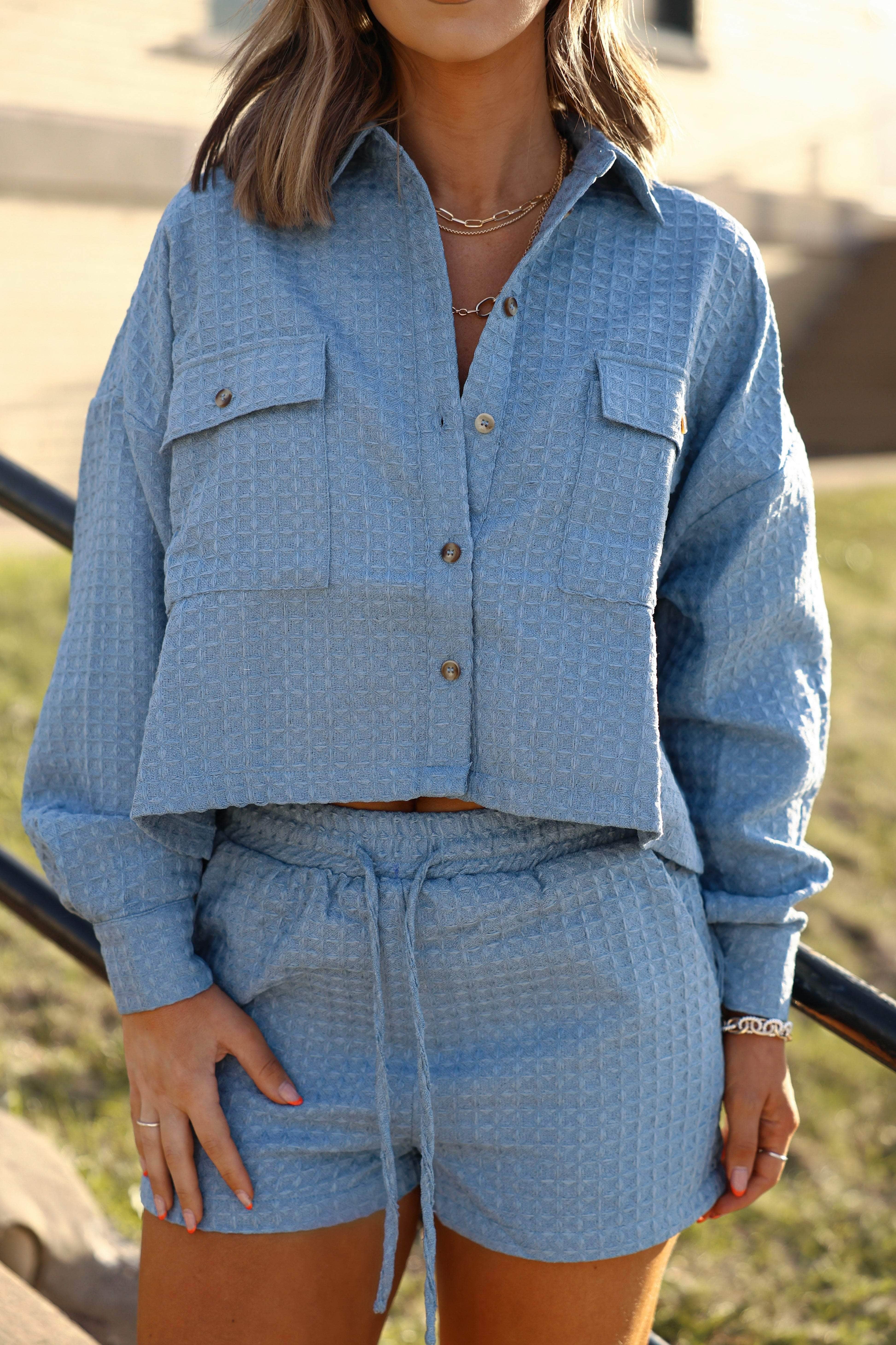 Sky Blue Waffle Knit Shacket