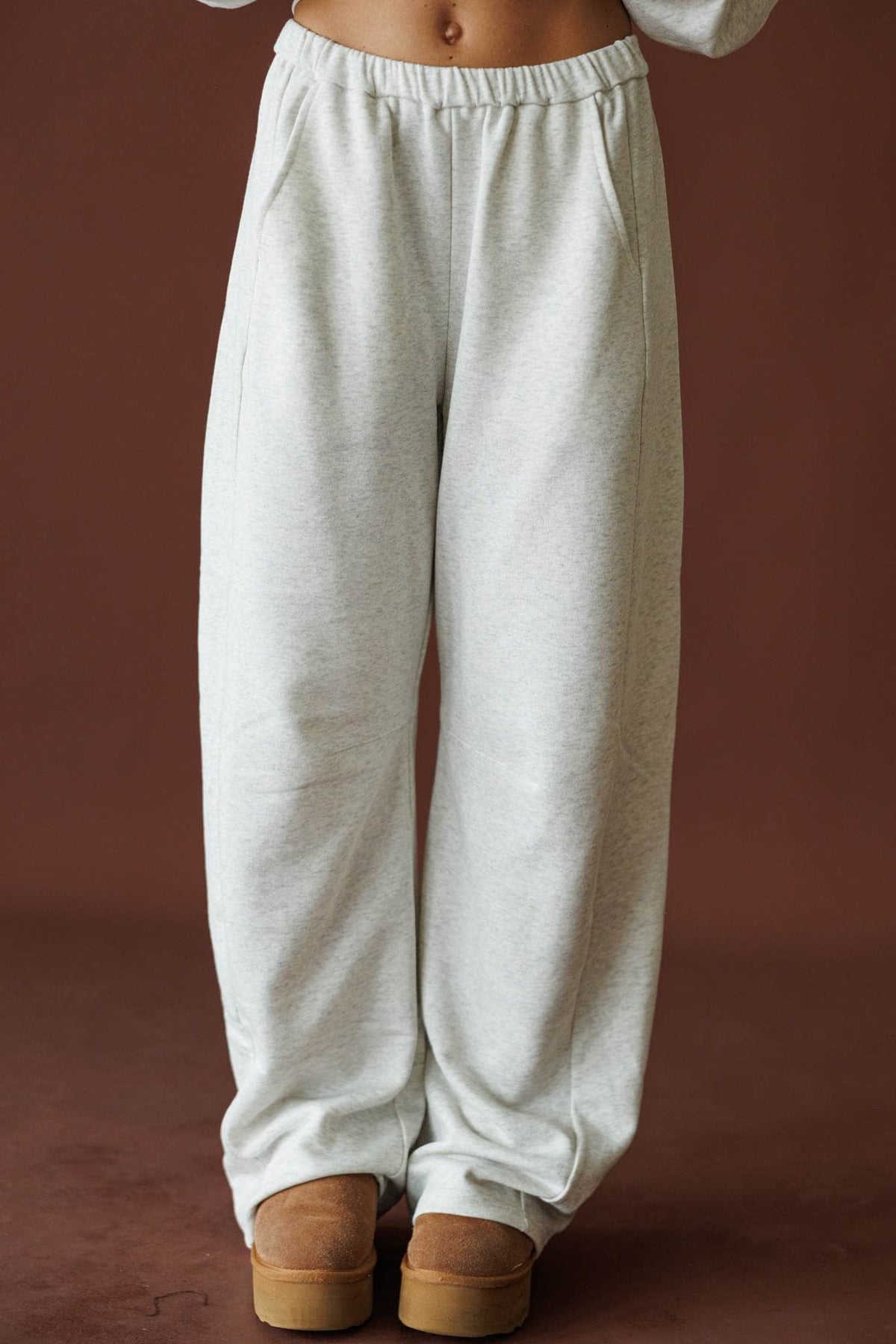 Slow Sunday Terry Pants in heather grey, front close-up of the elastic waist french terry