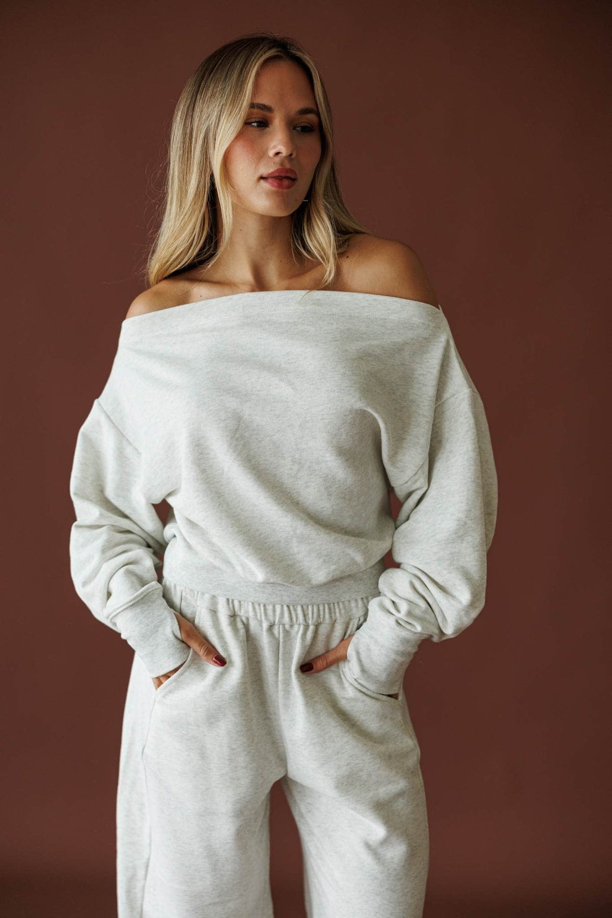 Slow Sunday Terry Top in heather grey, full-length view with the matching terry pants