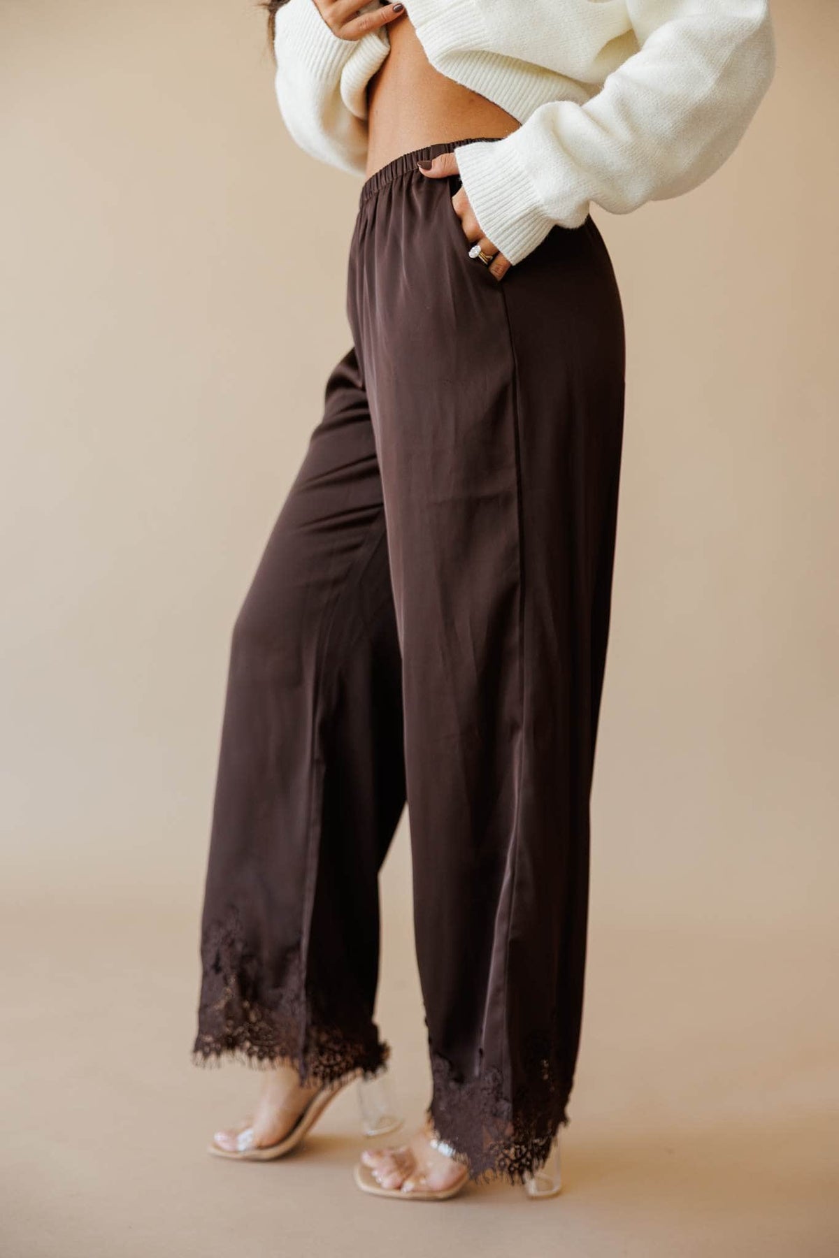 Dark brown satin wide leg pants with lace hem