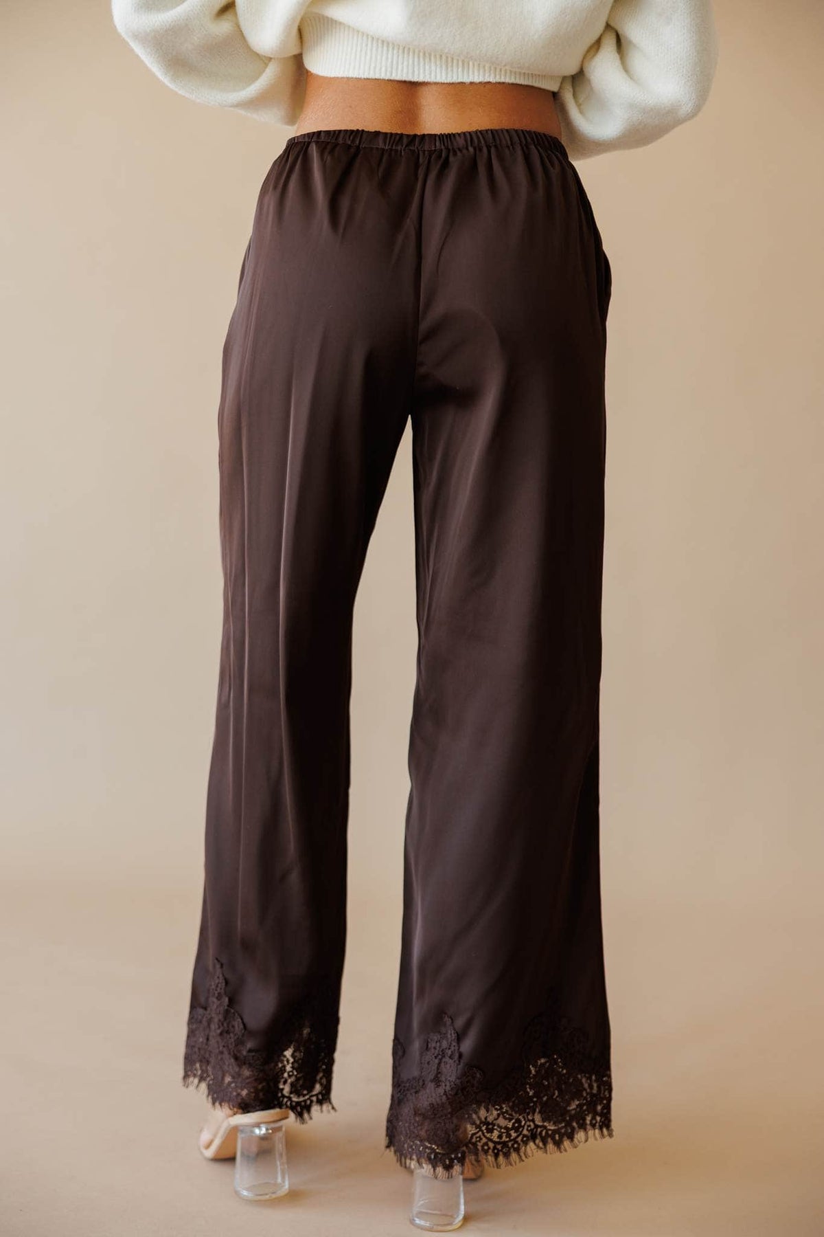 Dark brown satin wide leg pants with lace hem