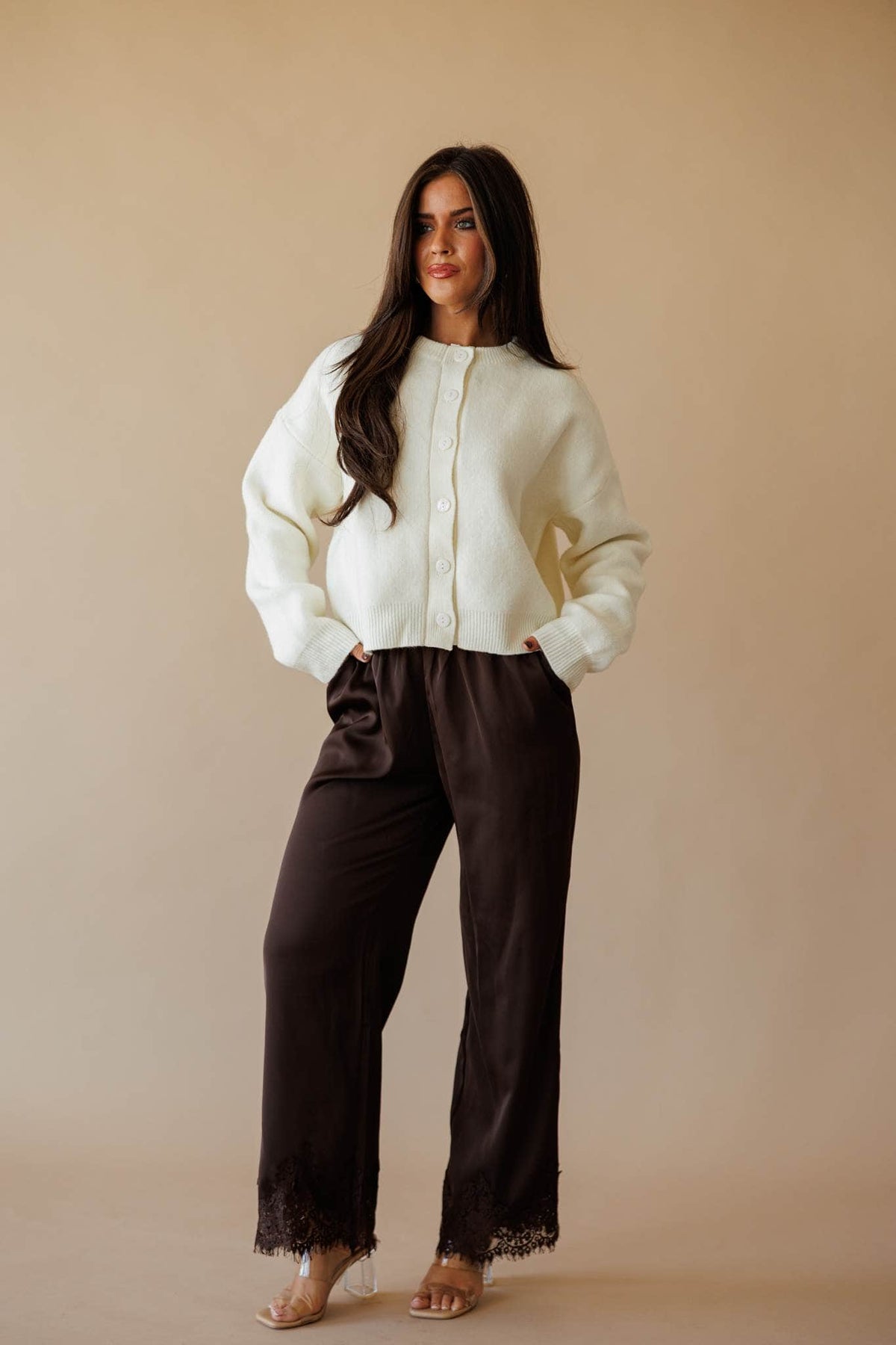 Dark brown satin wide leg pants with lace hem