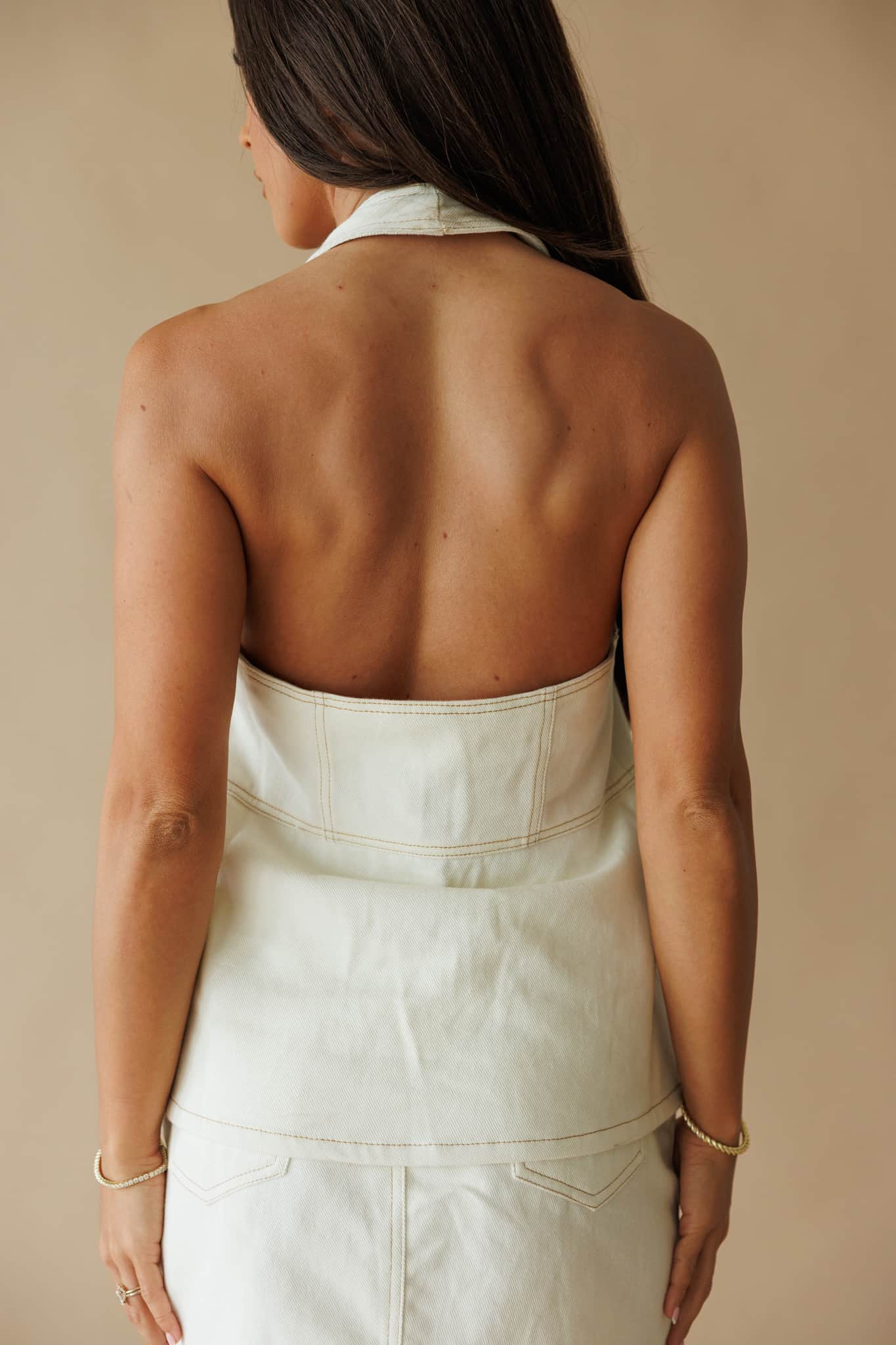 Cream Denim Pocket Detail Halter Top