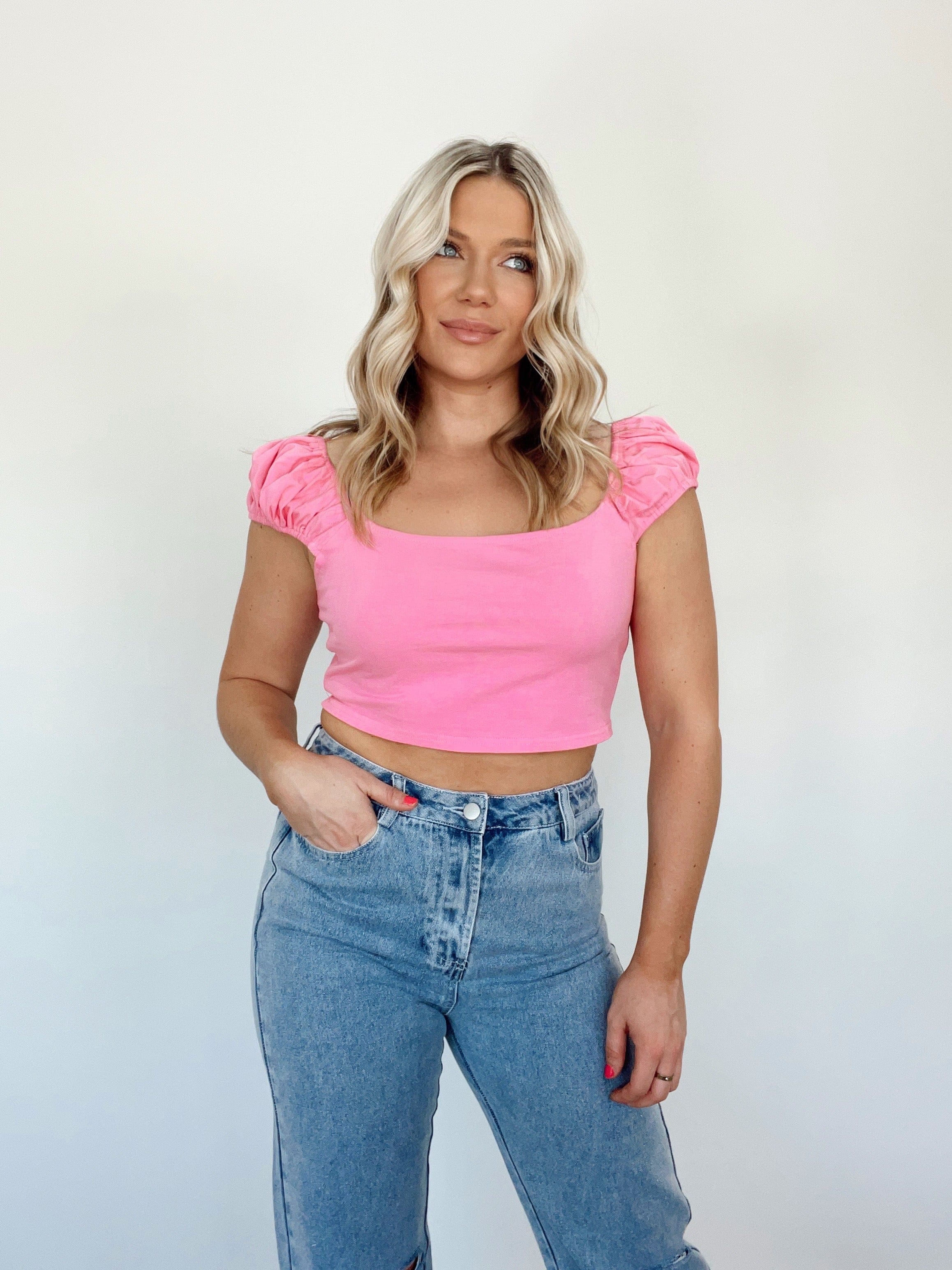 ST8763 pink cap sleeve crop top LE LIS