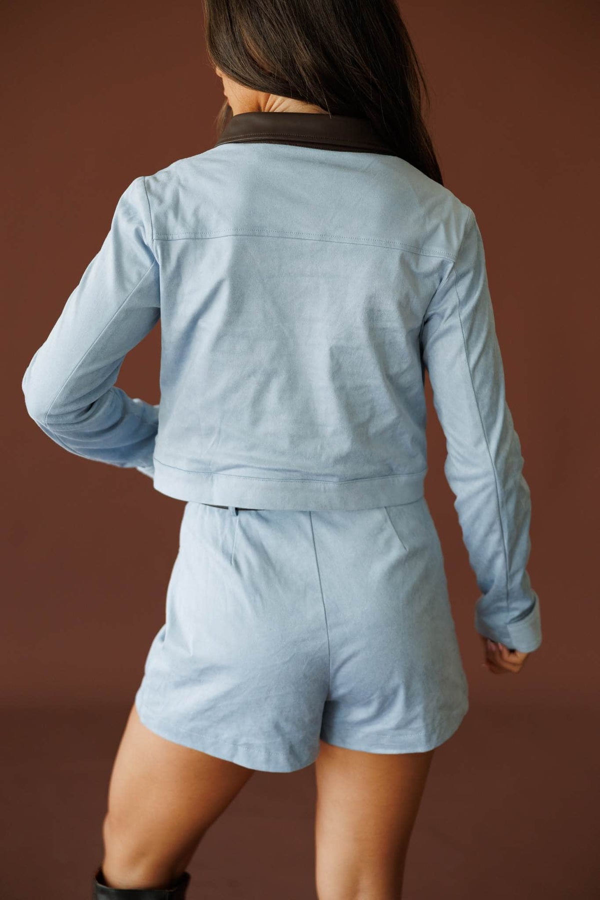 Stable Girl Jacket in dusty blue, back view showing the cropped corduroy jacket