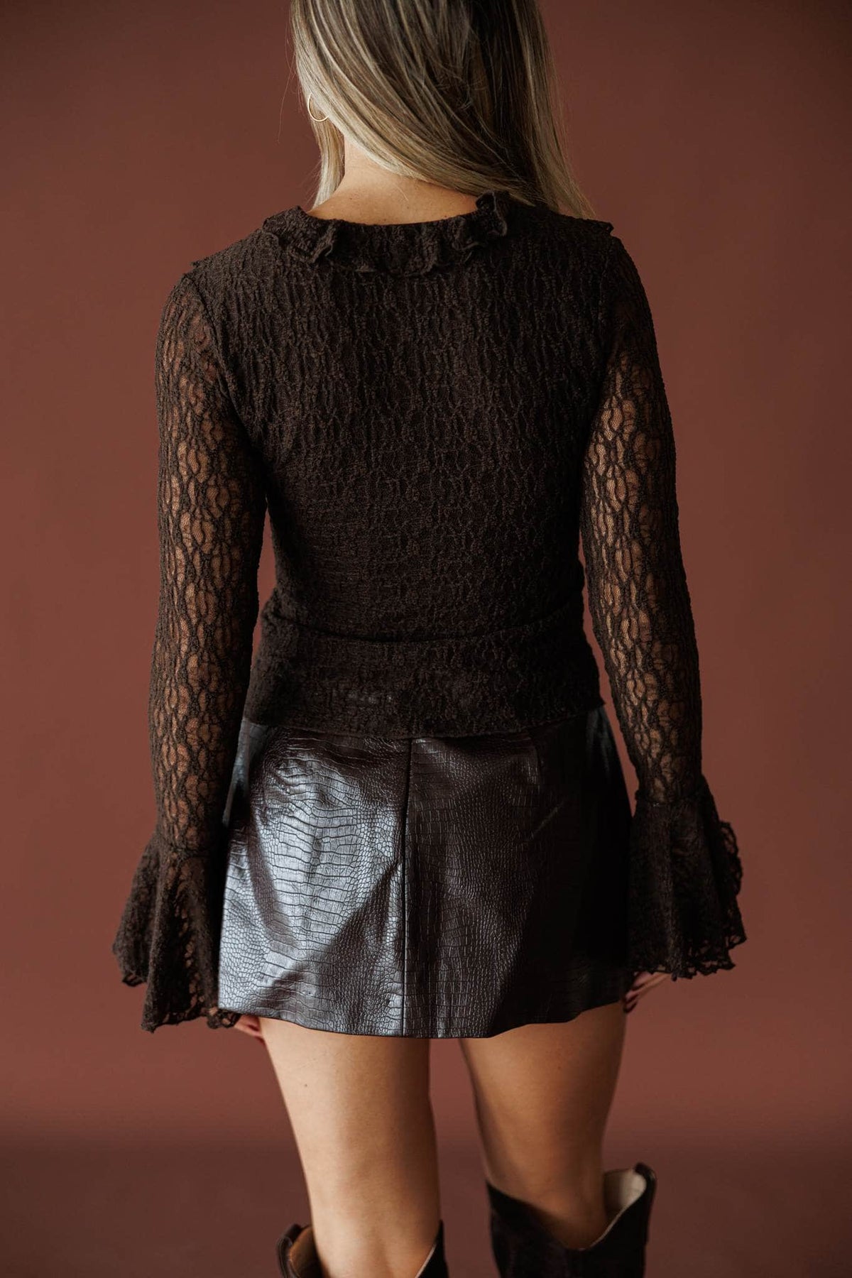 Storybook Ending Lace Top in chocolate, back view showing the sheer lace top