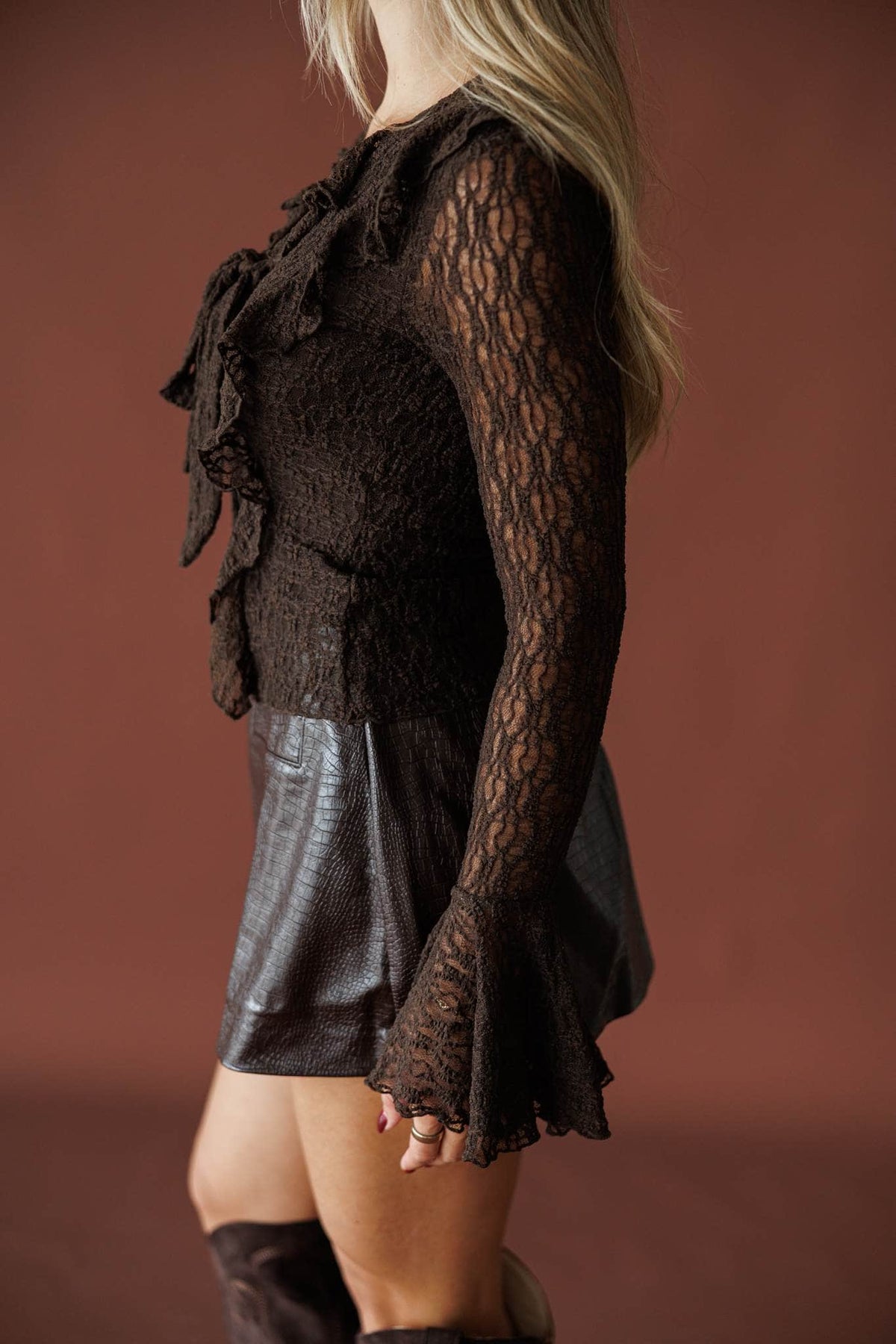 Storybook Ending Lace Top in chocolate, side view showing the flared lace sleeve