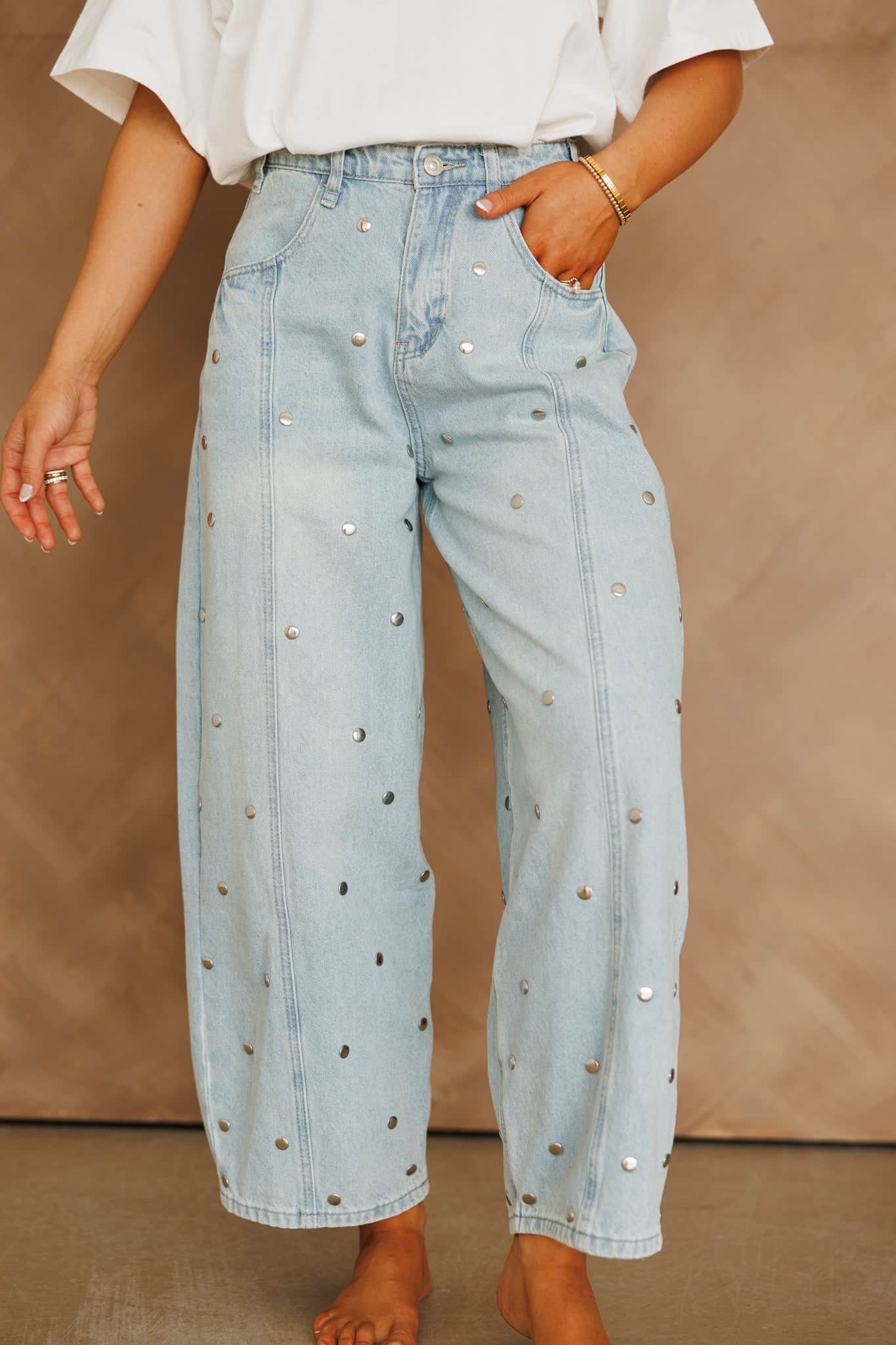 Studded Barrel Denim Pants