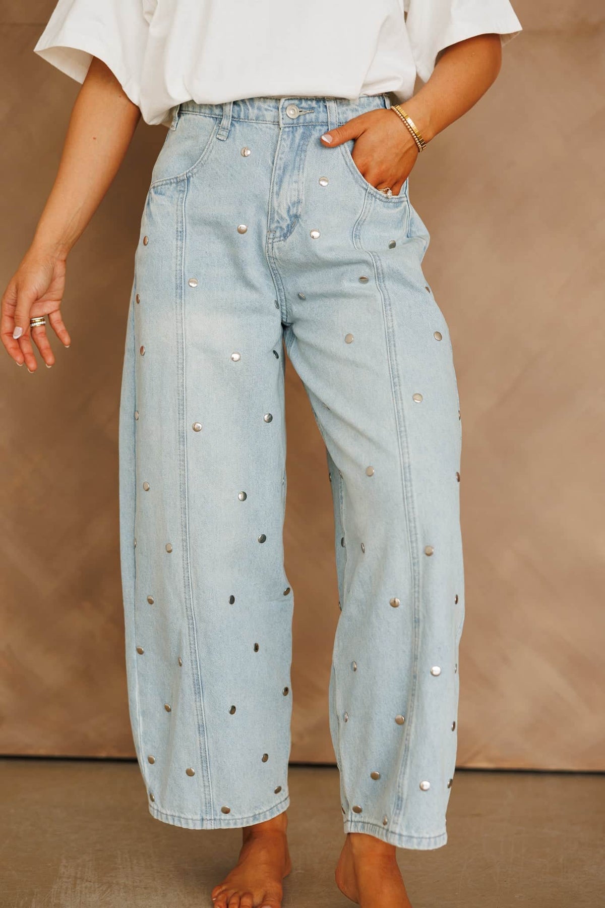 Studded Barrel Denim Pants