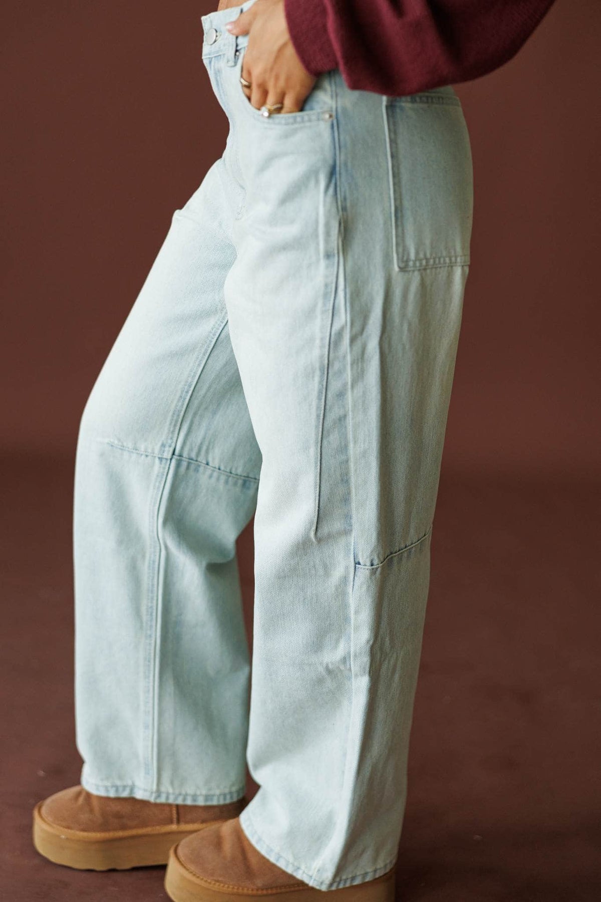Sunbleached Barrel Jeans in light blue, side view showing the barrel leg light wash jeans