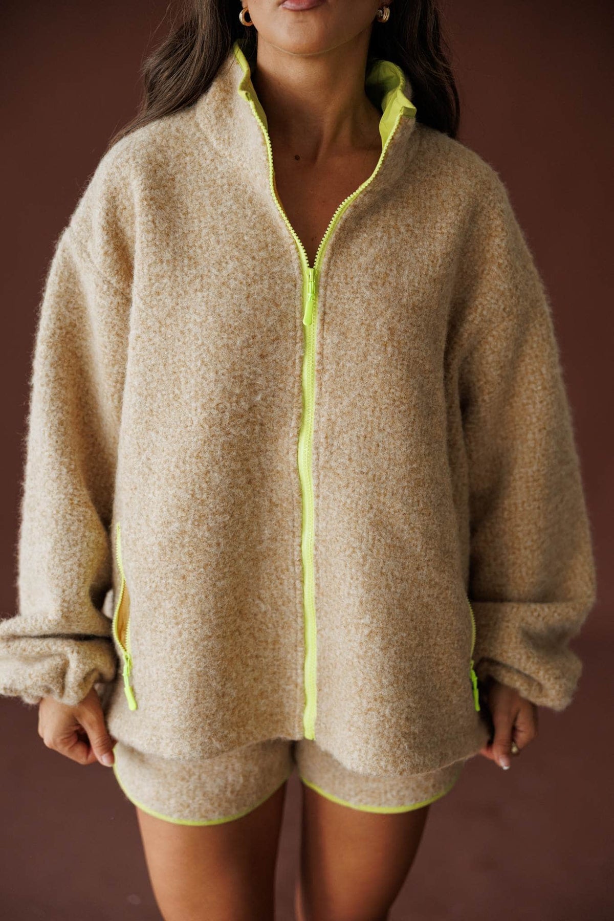 Sundance Sherpa Jacket in butter, front close-up of the contrast zip and sherpa pile