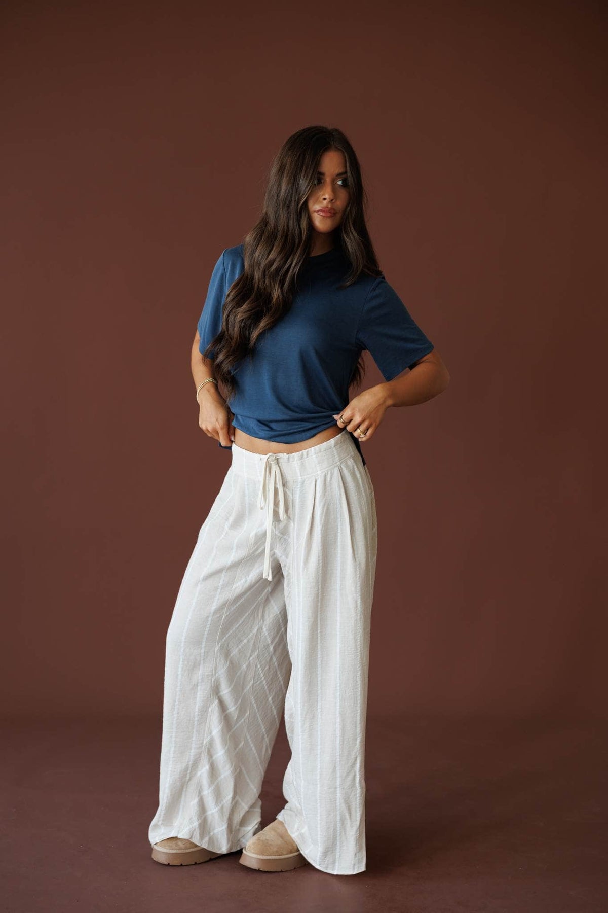 Sunroom Linen Wide Leg Pant in taupe, full-length view with a navy tee