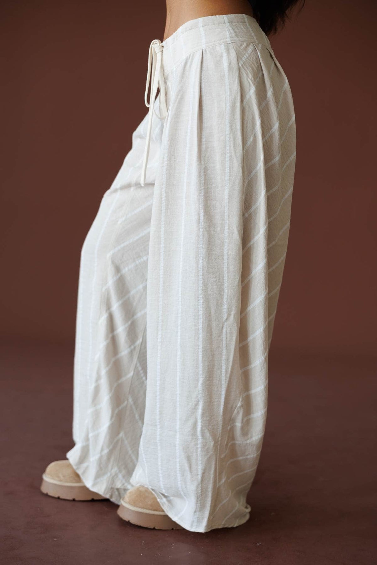 Sunroom Linen Wide Leg Pant in taupe, side view showing the striped linen wide leg