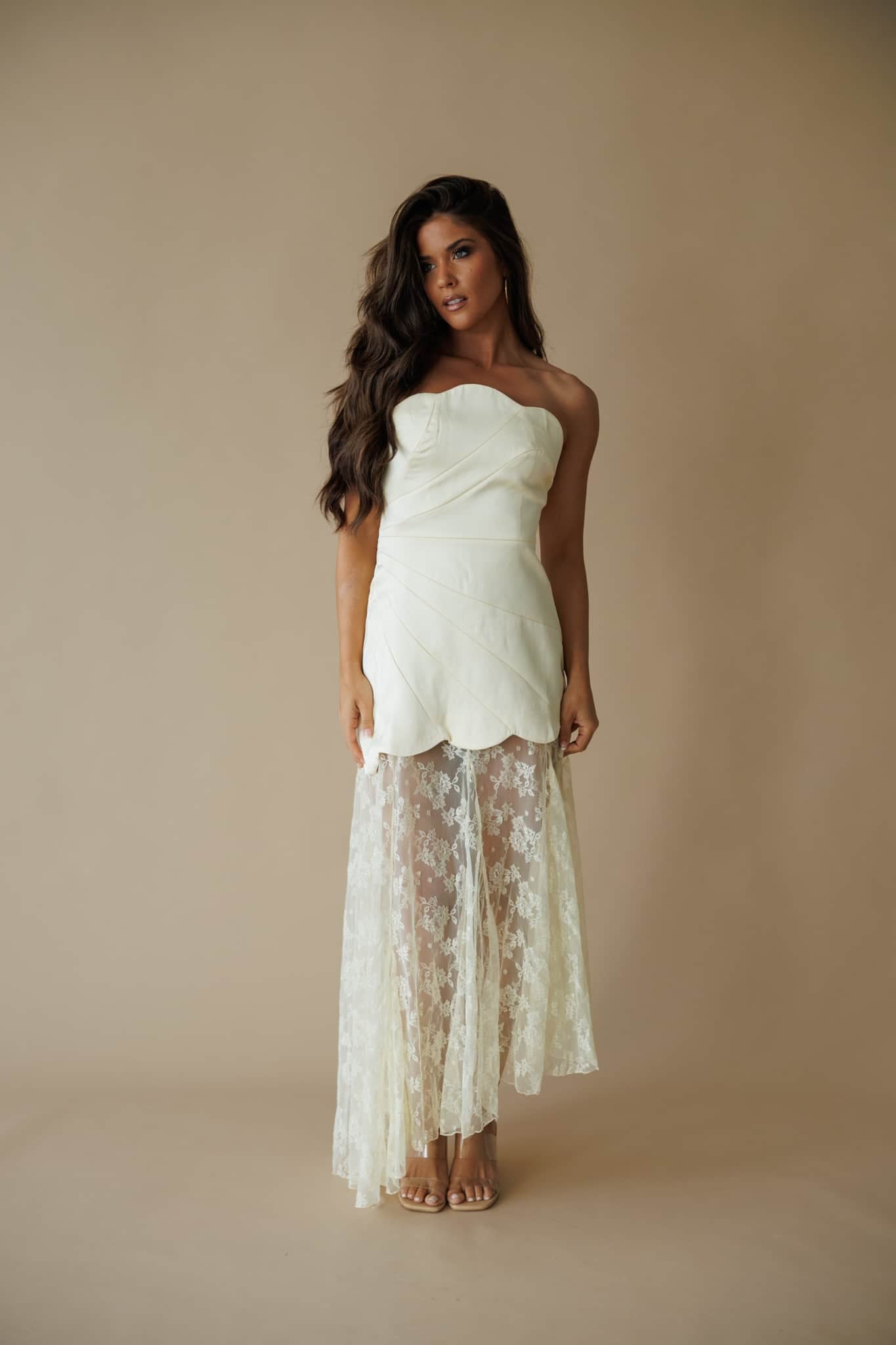 Trendy, Chic Women's Clothing Boutique Lena Sweet Devotion Strapless Dress, Cream, 100% Polyester, for Women, Size M Lane 201