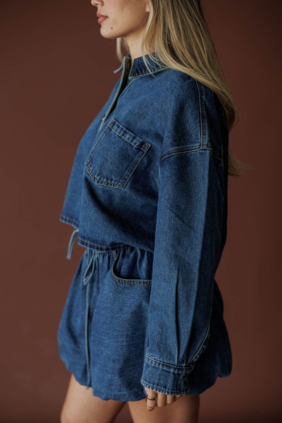 Denim jacket with drawstring waist