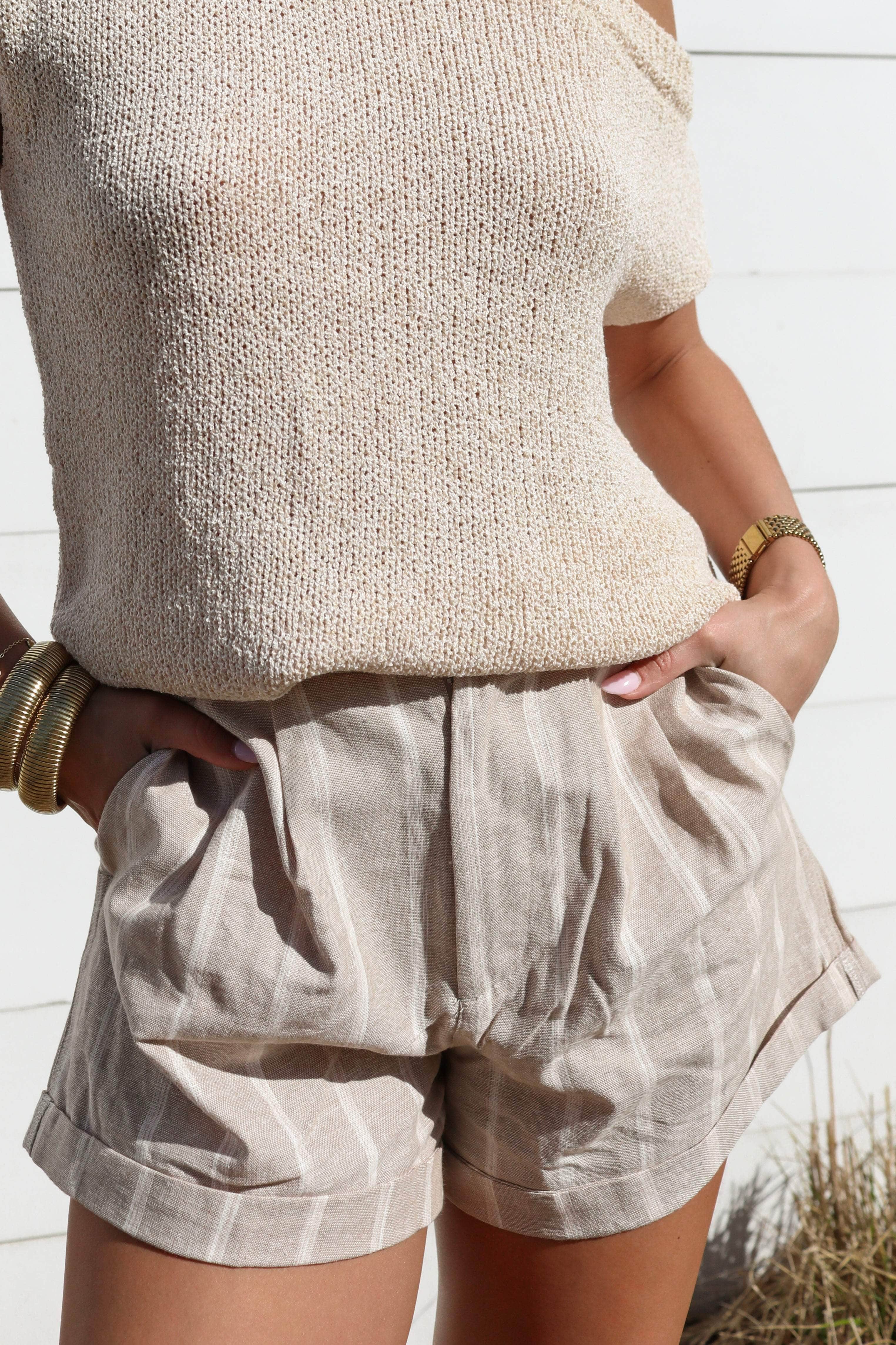 Taupe Striped Linen Shorts